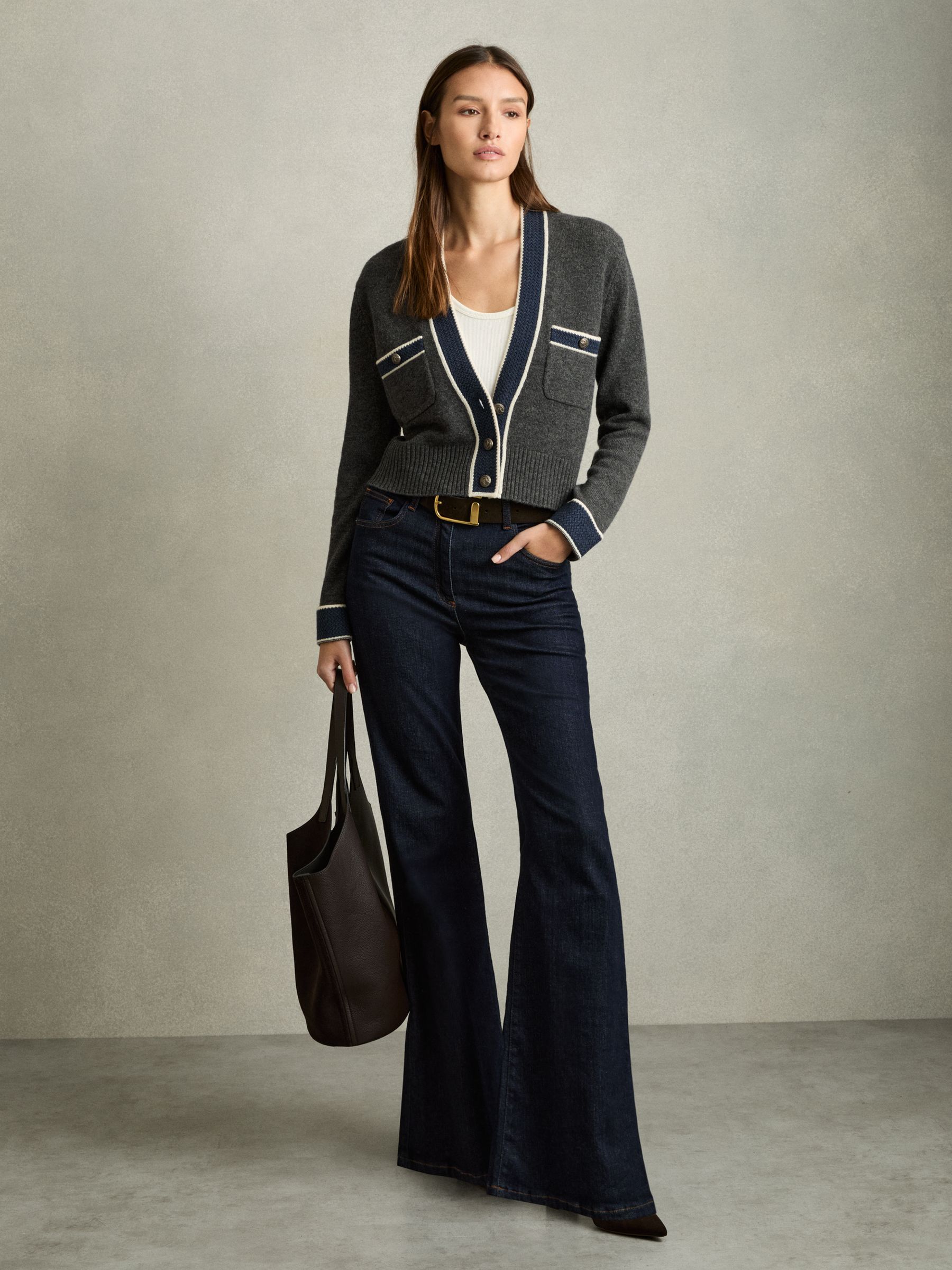 Wool-Cashmere Tipped V-Neck Cardigan in Charcoal