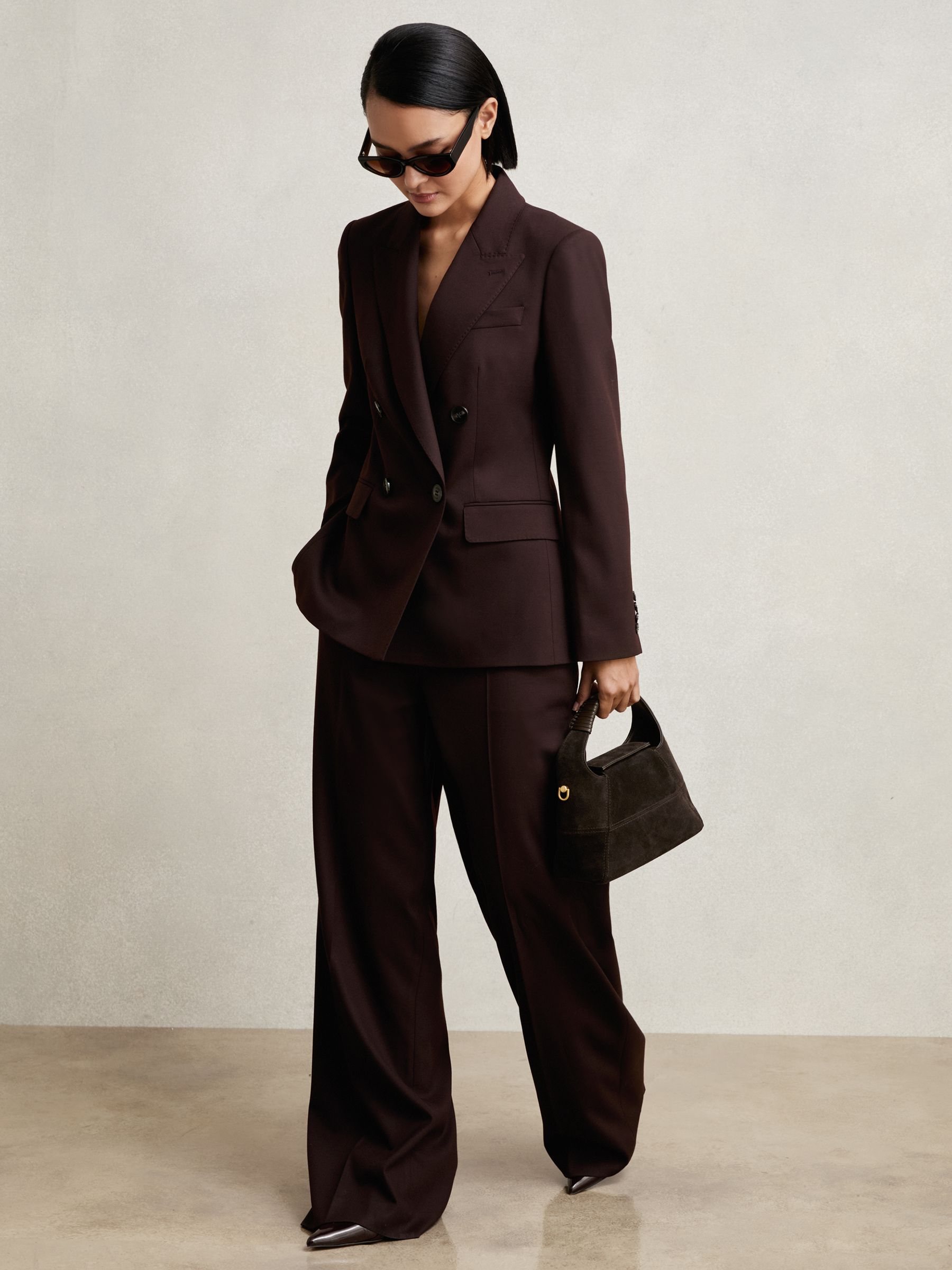 Petite Wool-Blend Double-Breasted Suit Blazer in Aubergine
