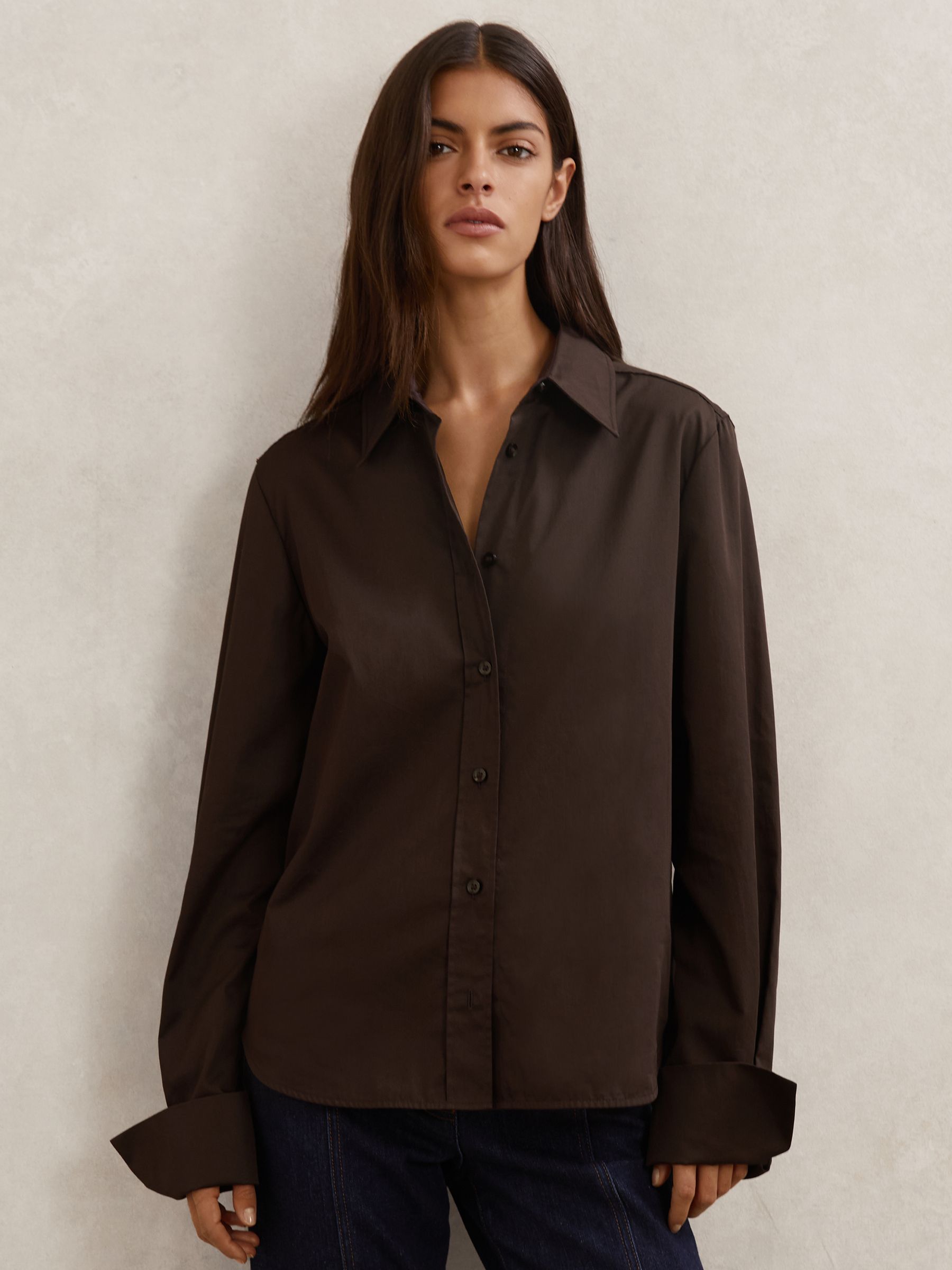 Cotton-Sateen Folded-Cuff Shirt in Chocolate Brown