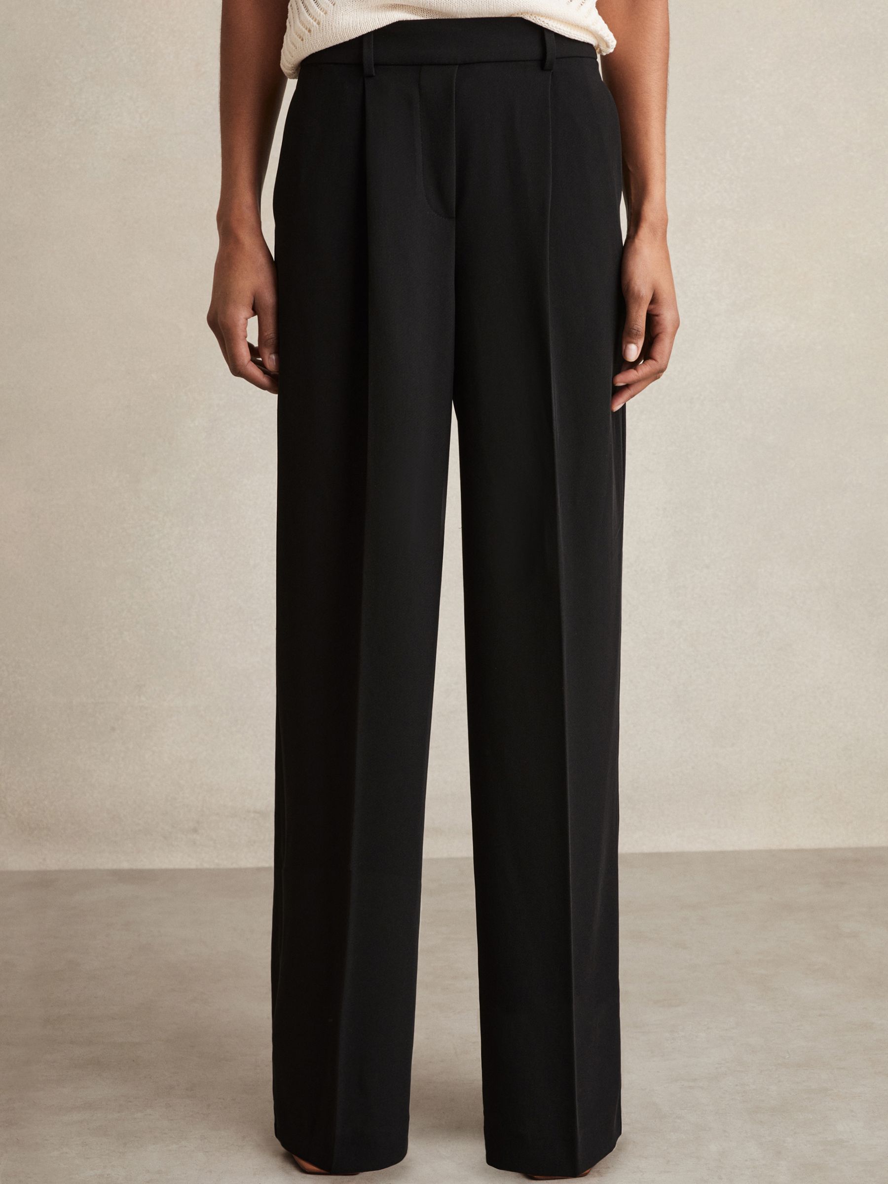 Petite Elasticated-Waist Wide-Leg Twill Trousers in Black