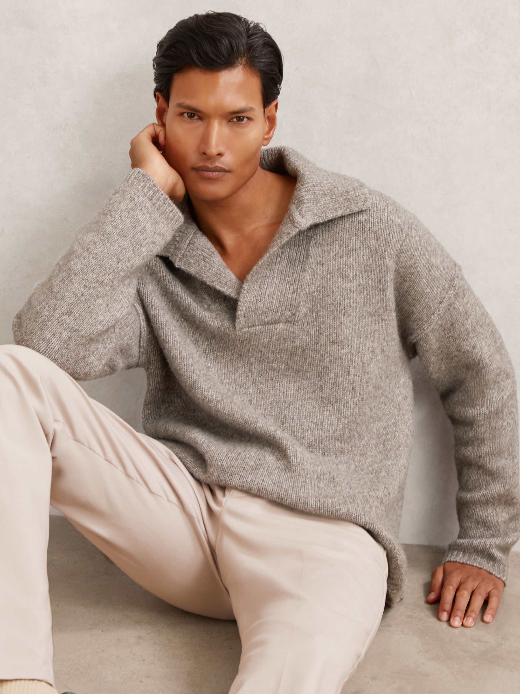 Wool-Blend Relaxed Open-Collar Jumper in Taupe Brown Melange