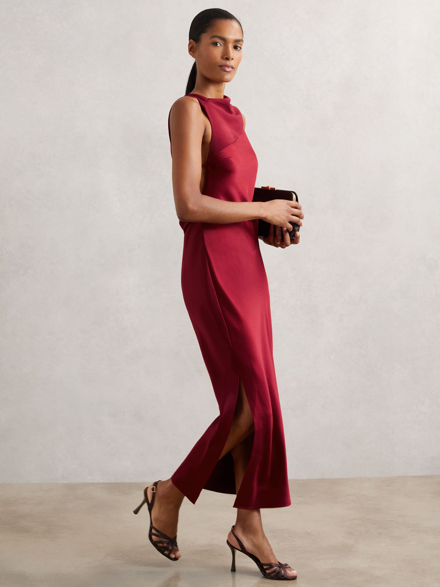 Petite Satin Draped Open-Back Dress in Red