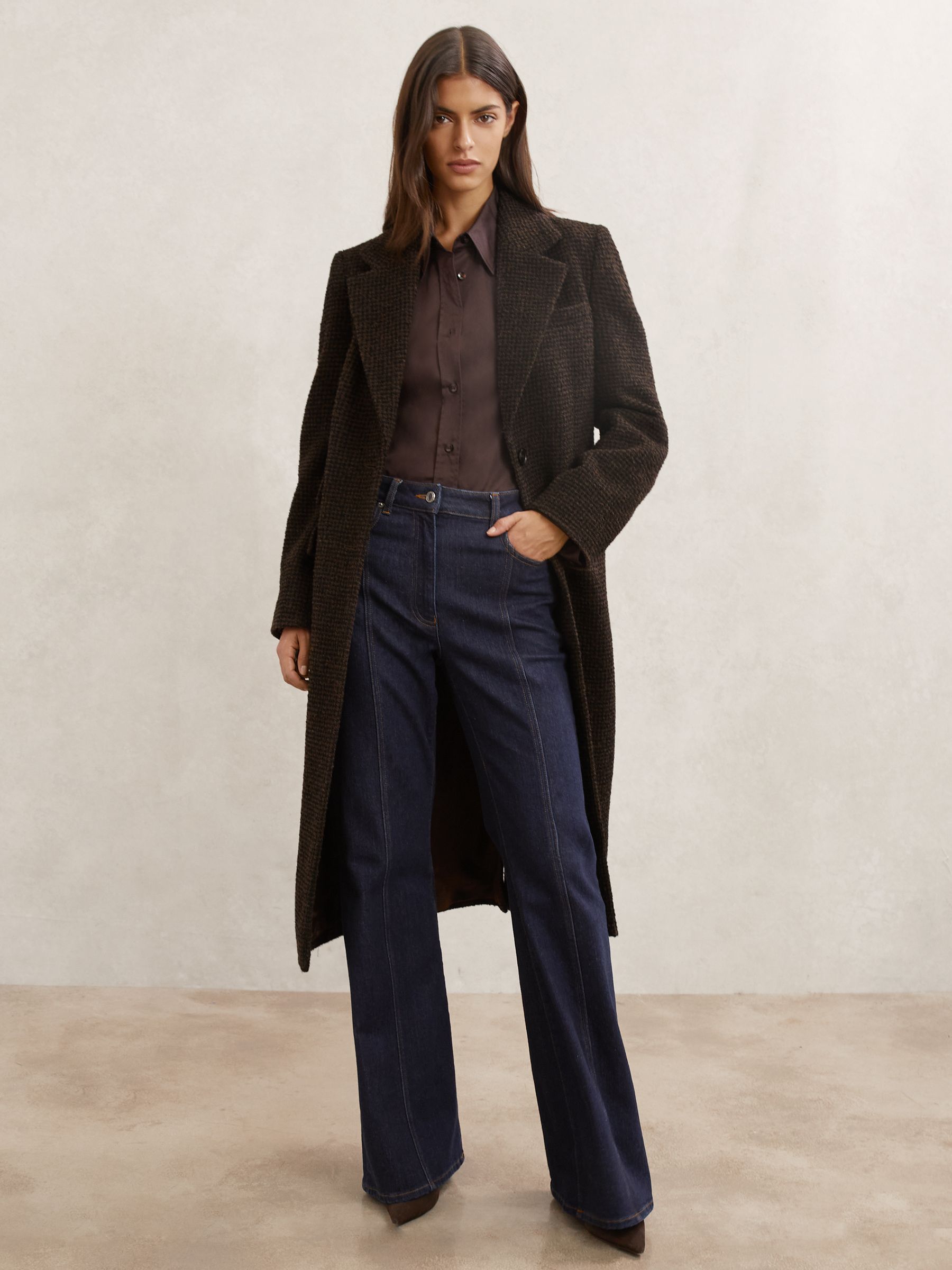 Petite Wool-Blend Houndstooth Check Coat in Chocolate Brown Check