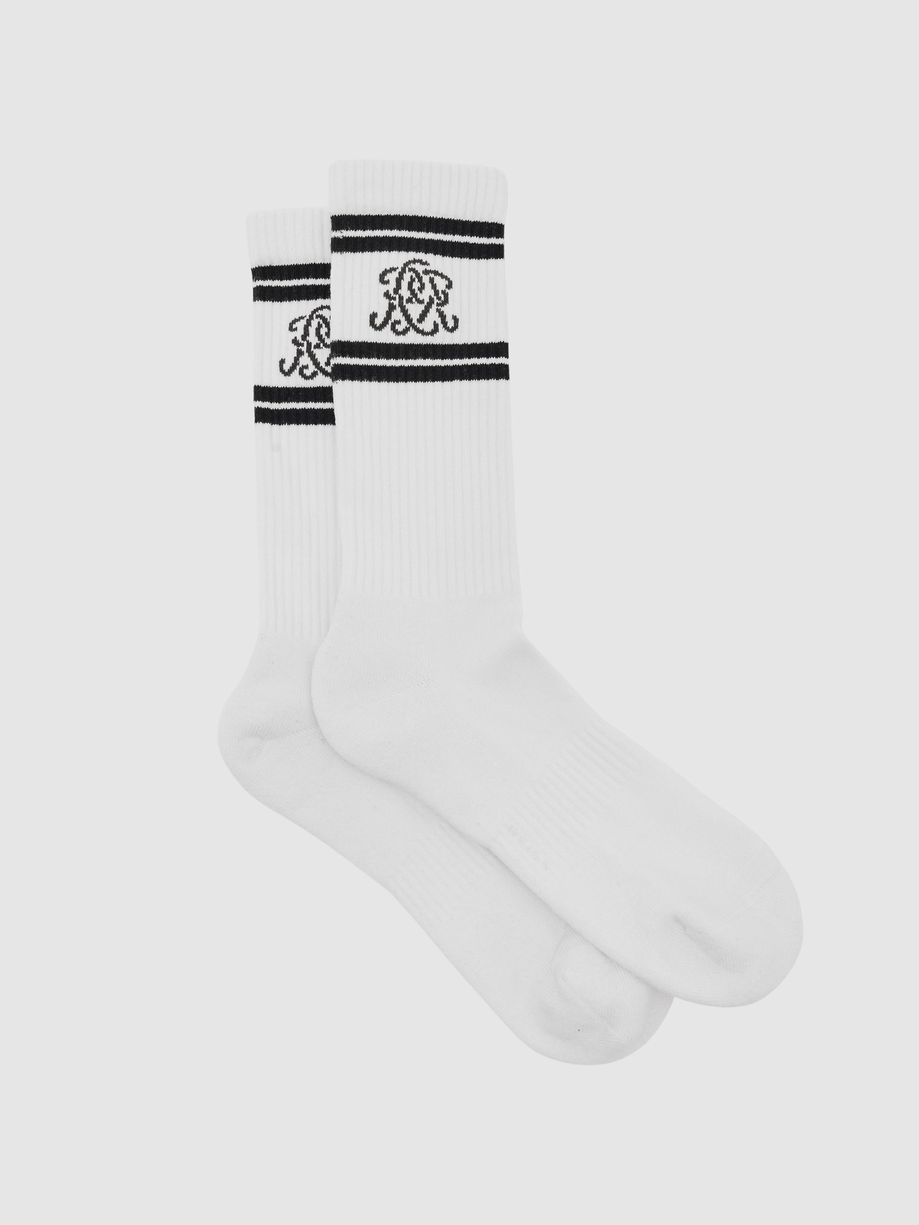 Monogram Cotton-Blend Rib Sport Socks in Ecru/Chocolate Brown