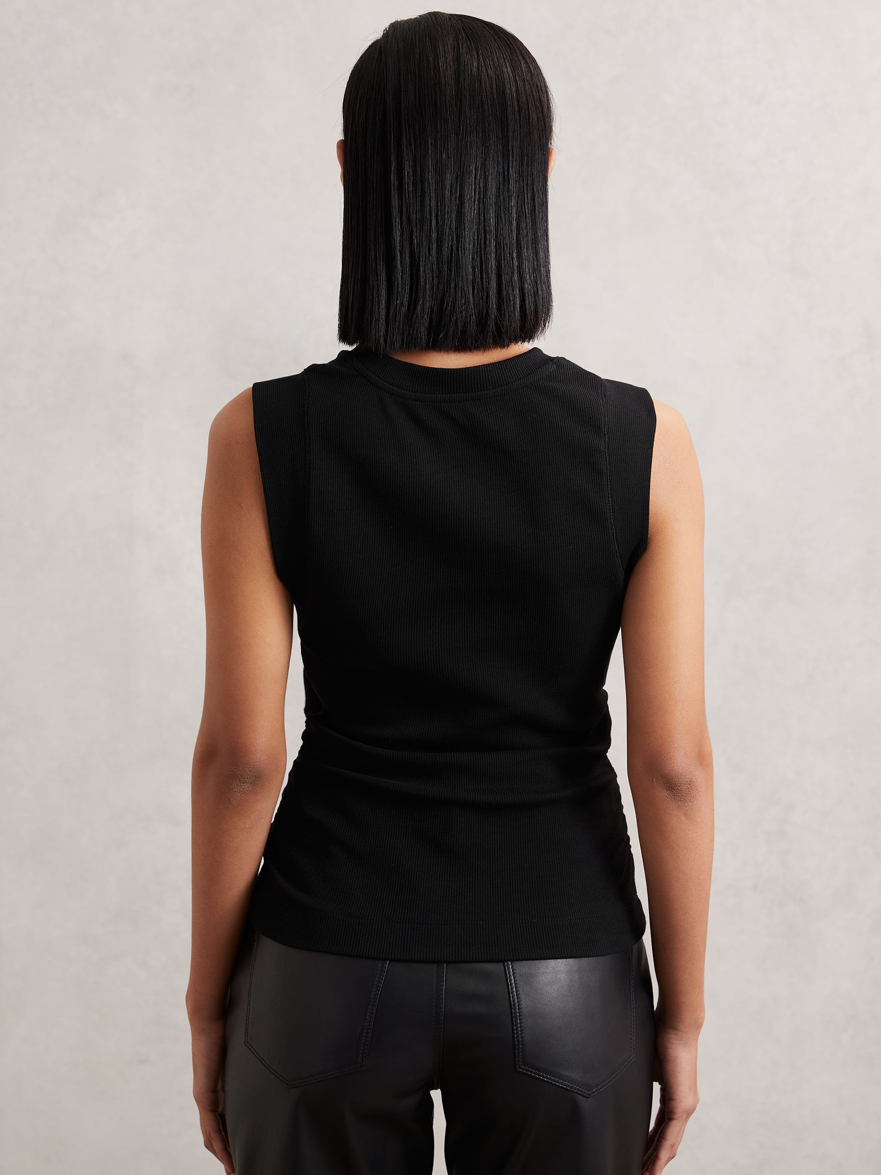 Fine-Rib Ruched Vest Top in Black
