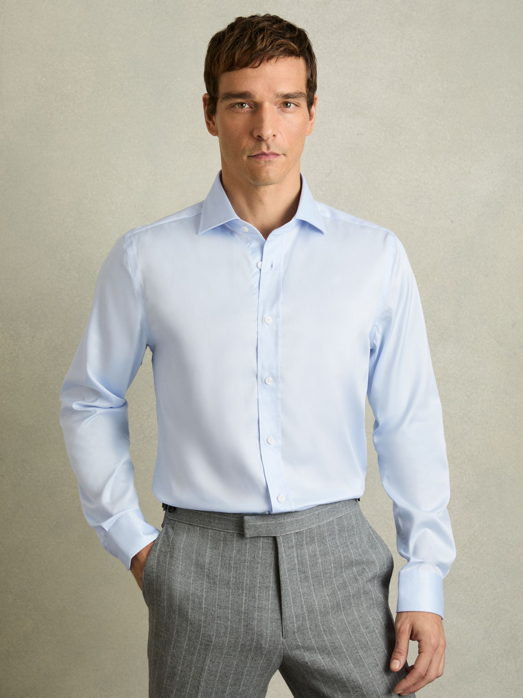Regular Fit Cotton-Tencel Stretch Shirt in Soft Blue
