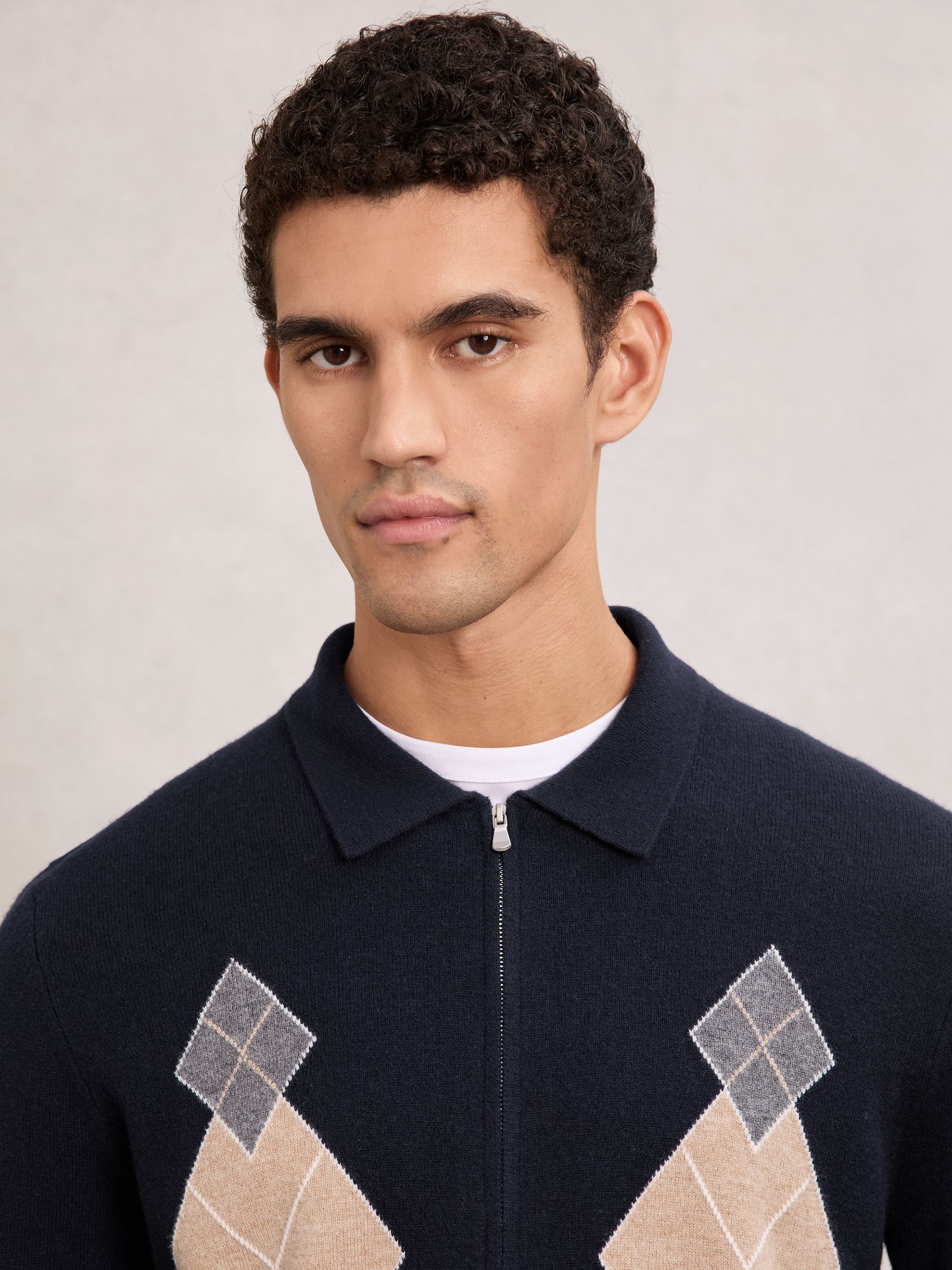 Wool Zip-Through Argyle Cardigan in Navy