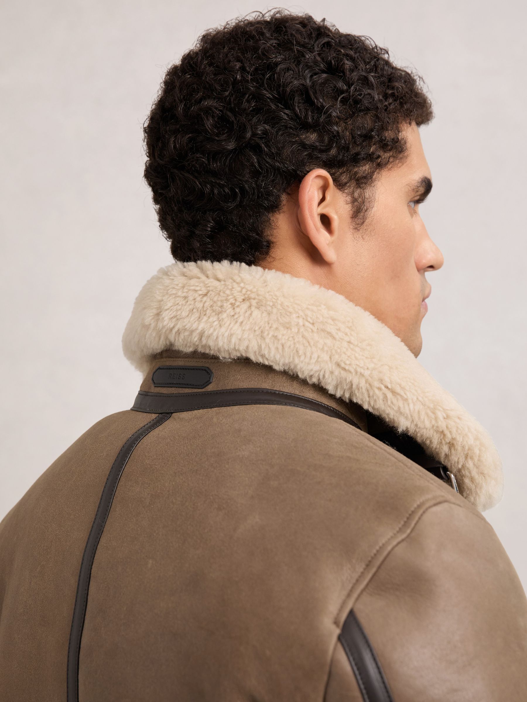 Shearling-Collar Leather Jacket in Light Brown