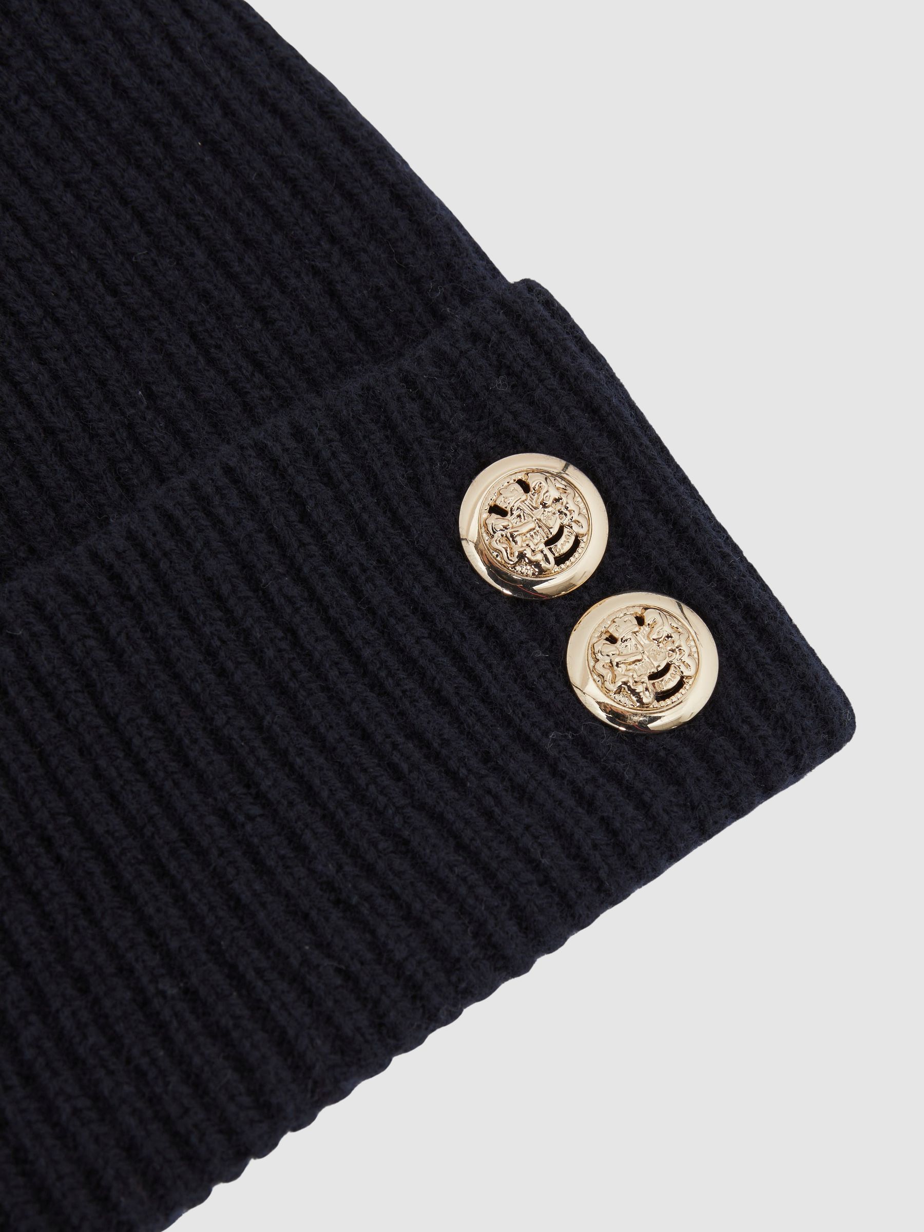 Merino Wool Blend Button Beanie With Cashmere in Navy