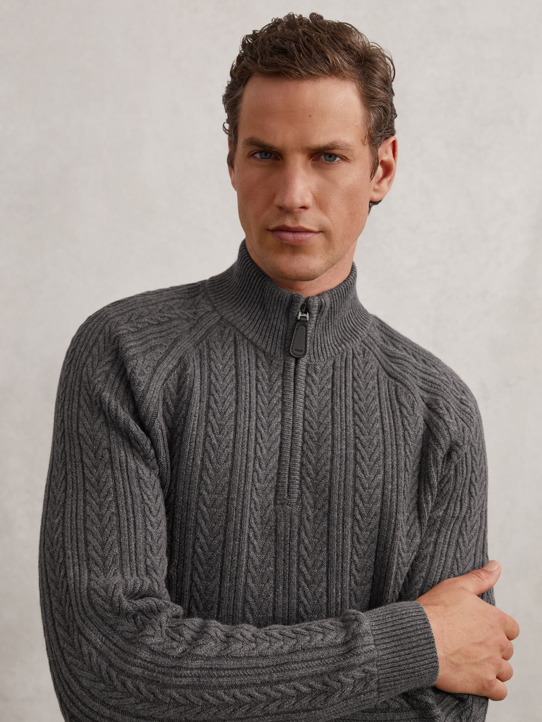 Cable-Knit Half-Zip Jumper with Wool in Dark Olive Green