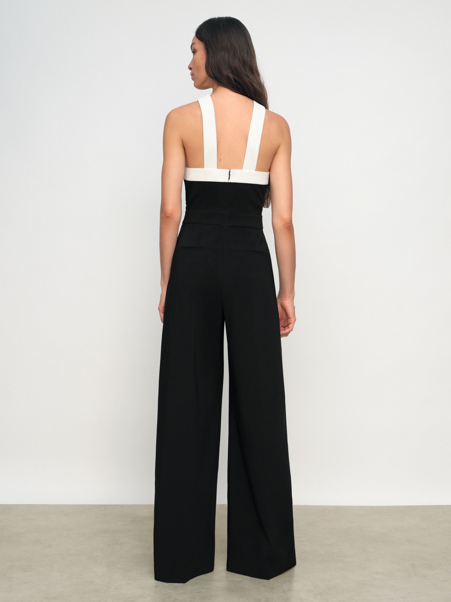 Colour-Block Halter Wide-Leg Jumpsuit in Black/Cream