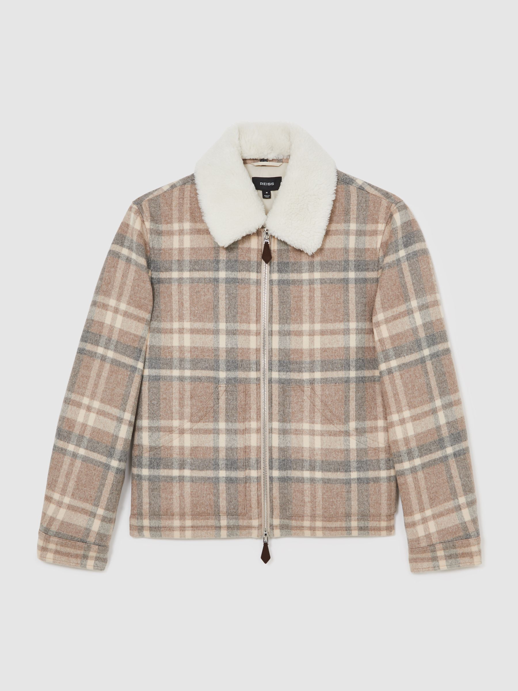 Wool-Blend Check Fleece-Collar Jacket in Oatmeal Brown