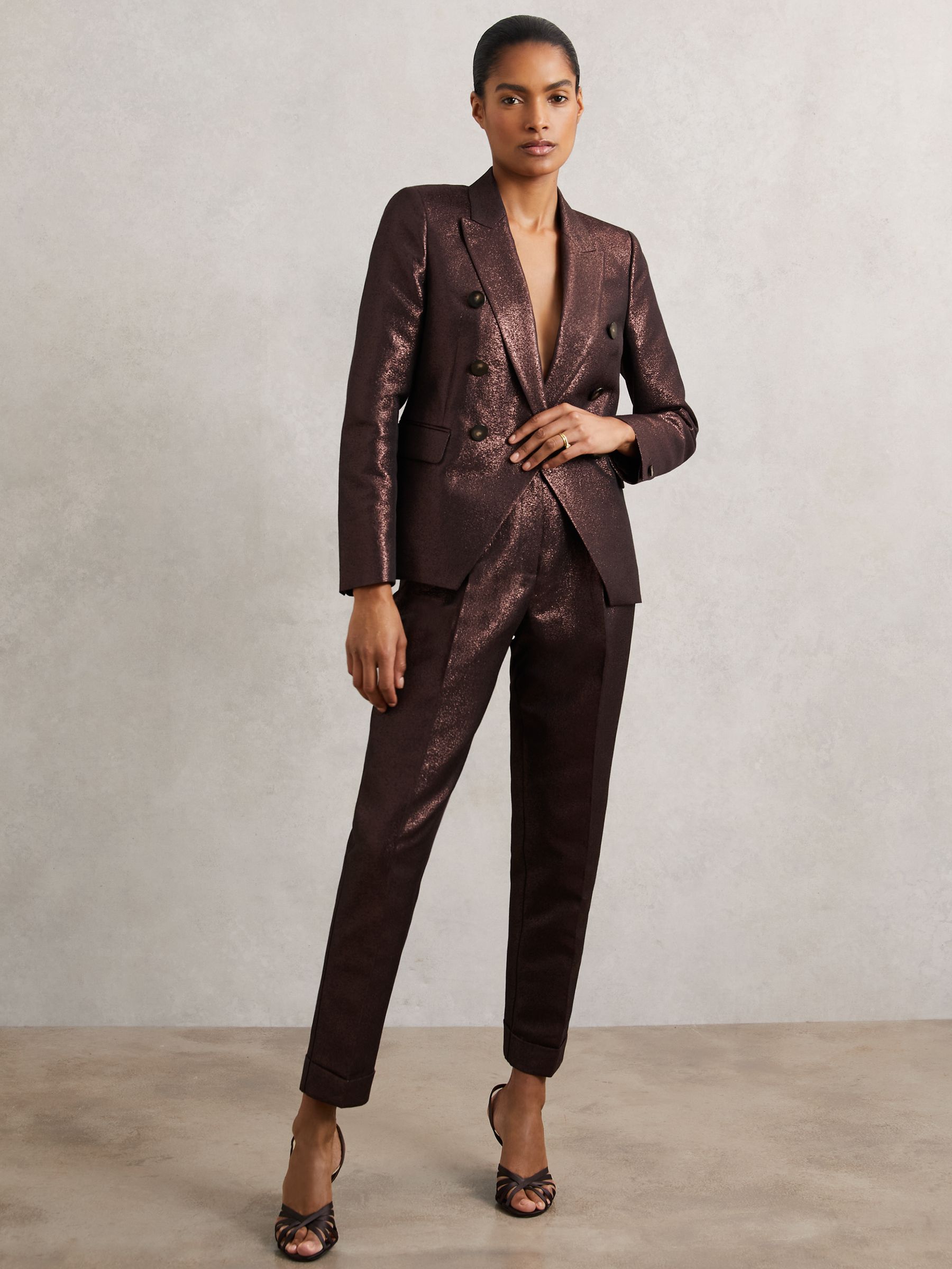 Petite Double-Breasted Metallic Suit Blazer with Cotton in Burgundy