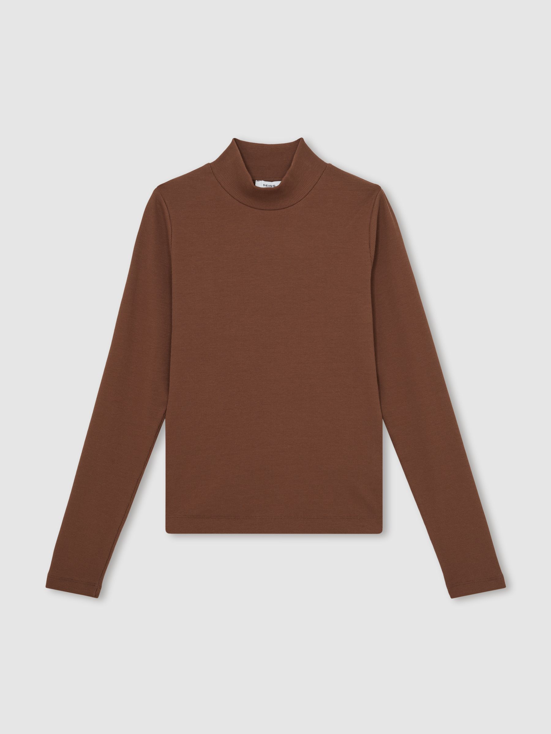 Stretch-Cotton Funnel-Neck Top in Brown