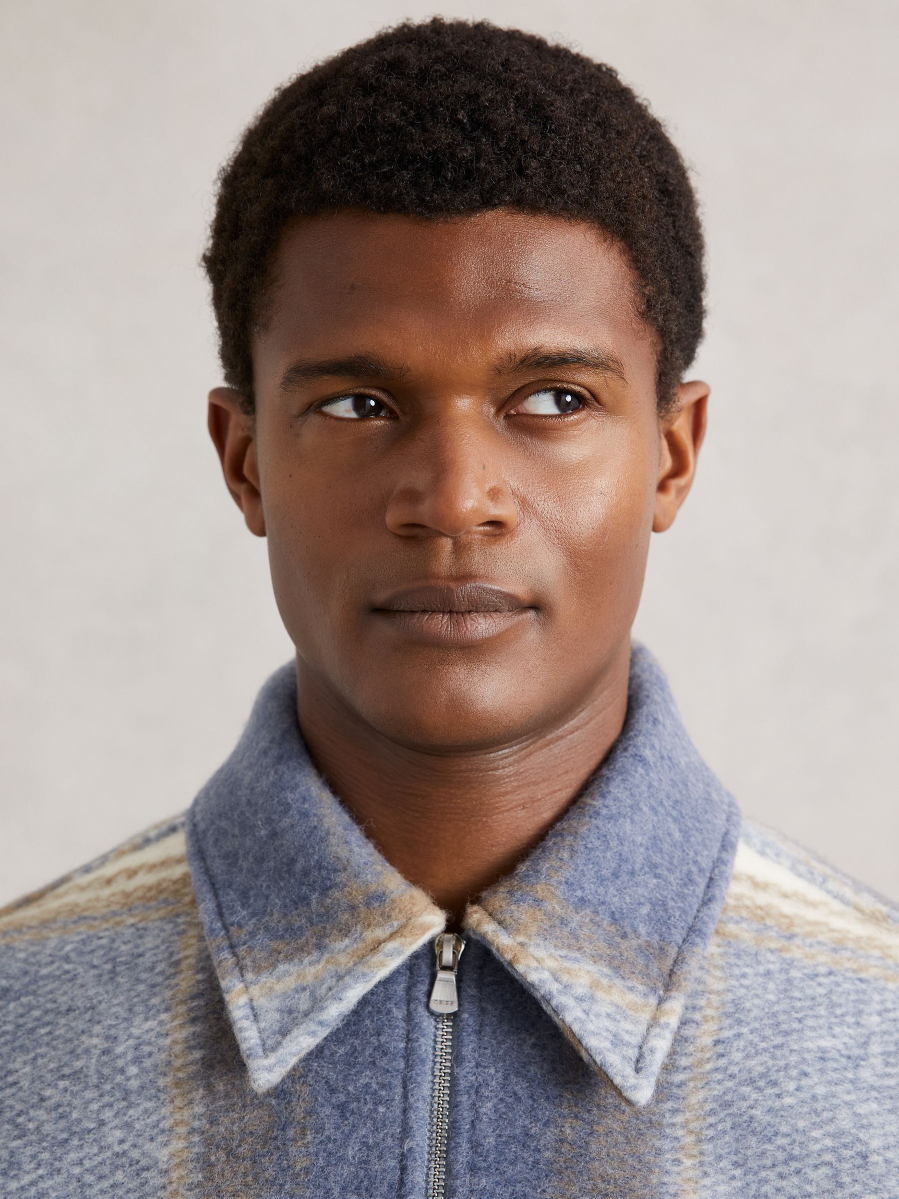 Zip-Through Check Overshirt in Stone/Blue