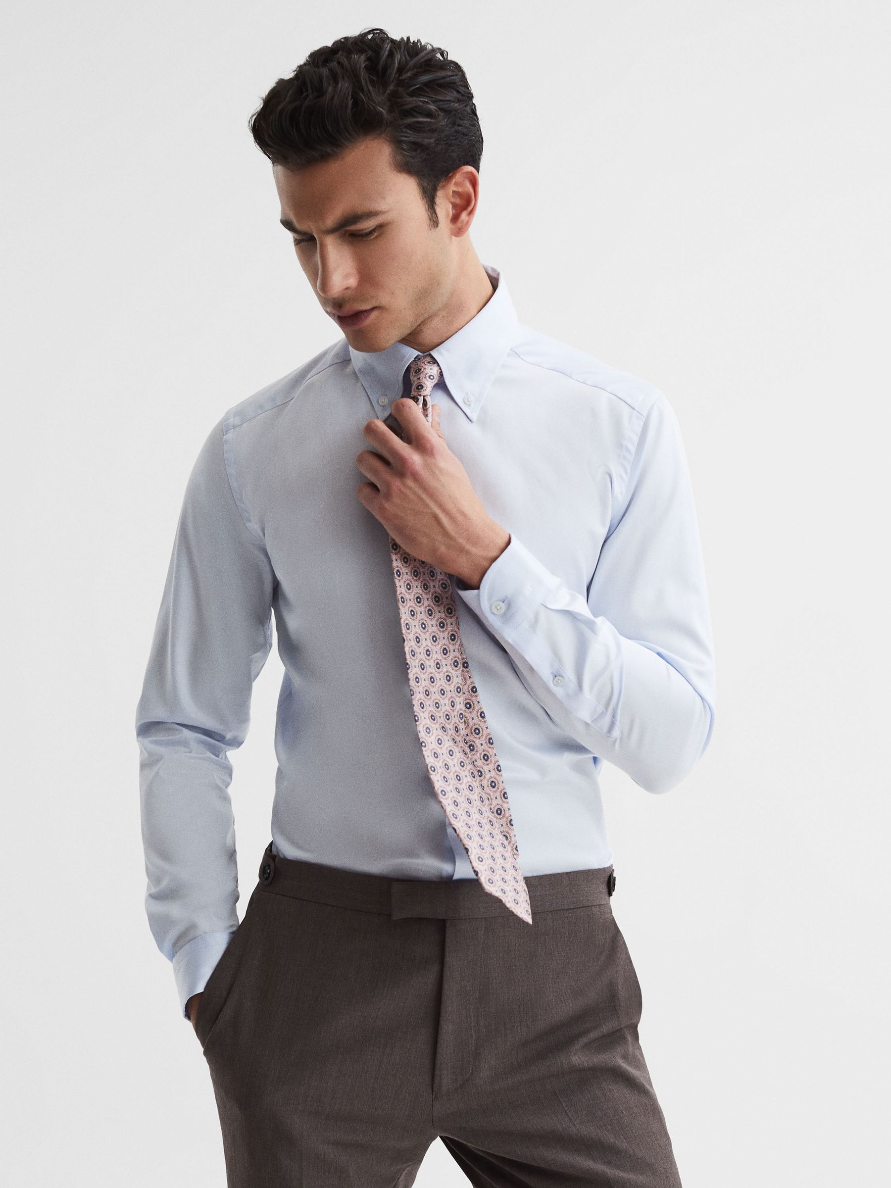 Slim Fit Cotton Button-Down Shirt in Soft Blue