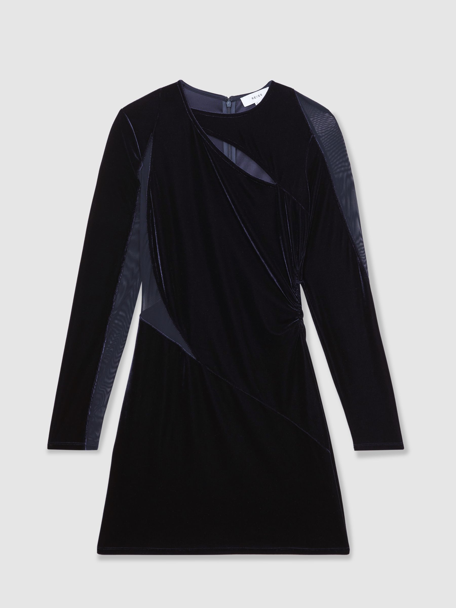 Velvet Mesh-Panel Mini Dress in Navy