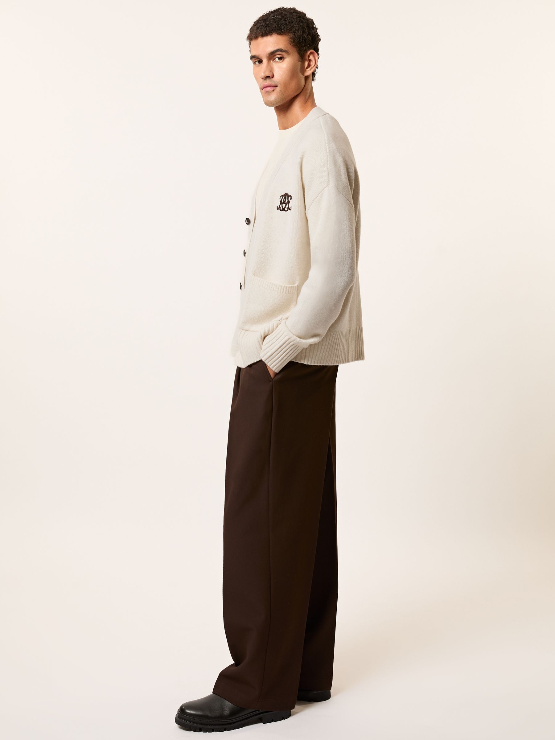 Monogram Embroidery Relaxed Cardigan Wool in Off White