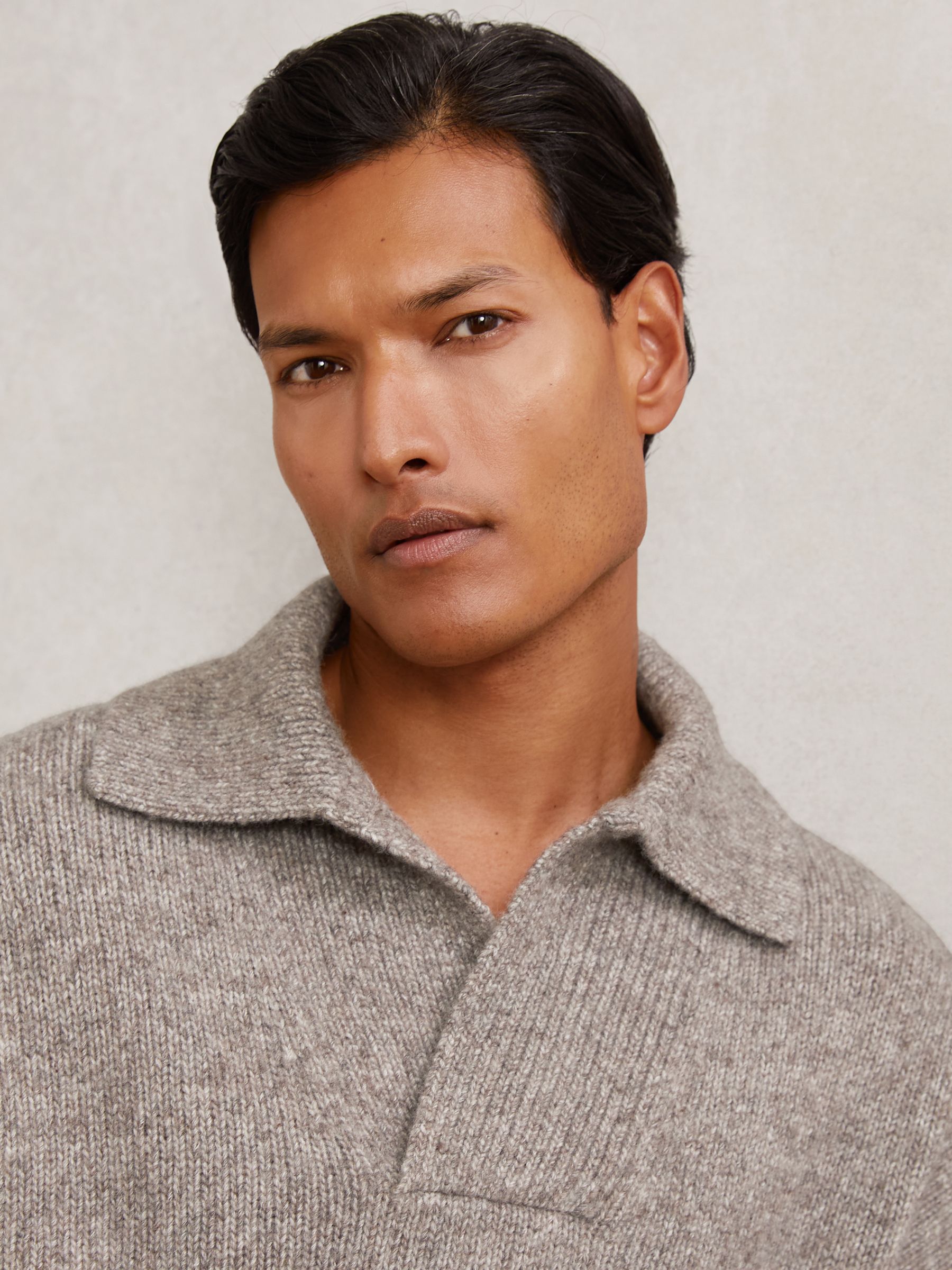 Wool-Blend Relaxed Open-Collar Jumper in Taupe Brown Melange