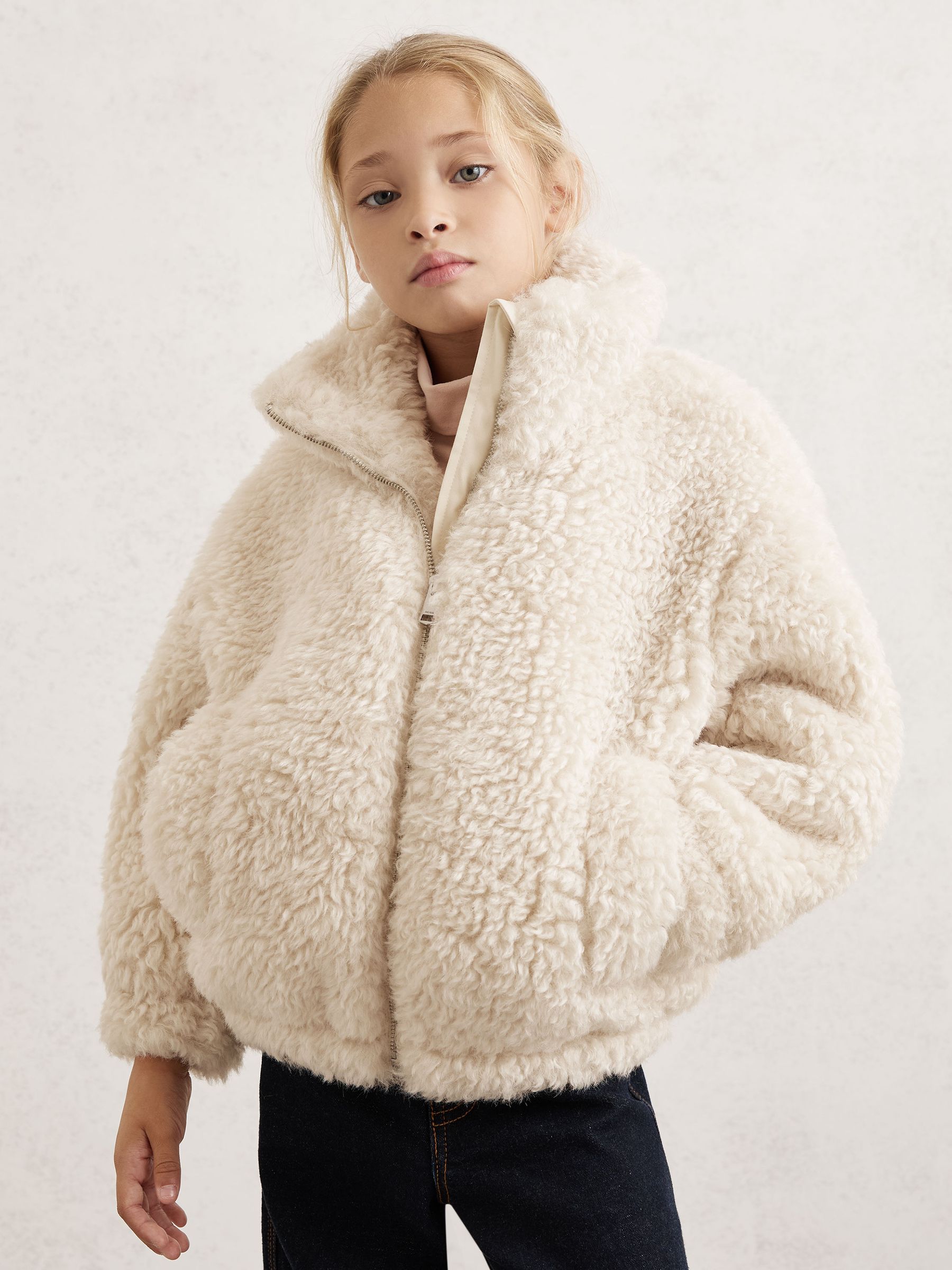 Faux-Shearling Funnel-Neck Coat in Ivory