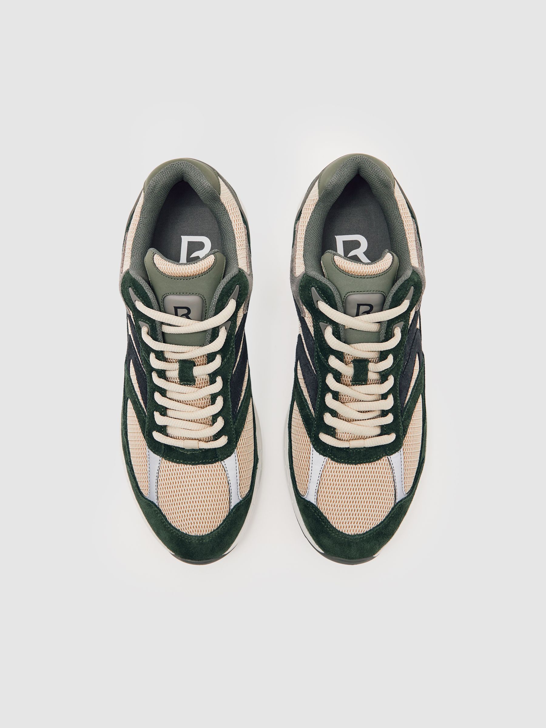 Panelled Running Trainers in Forest Green/Stone