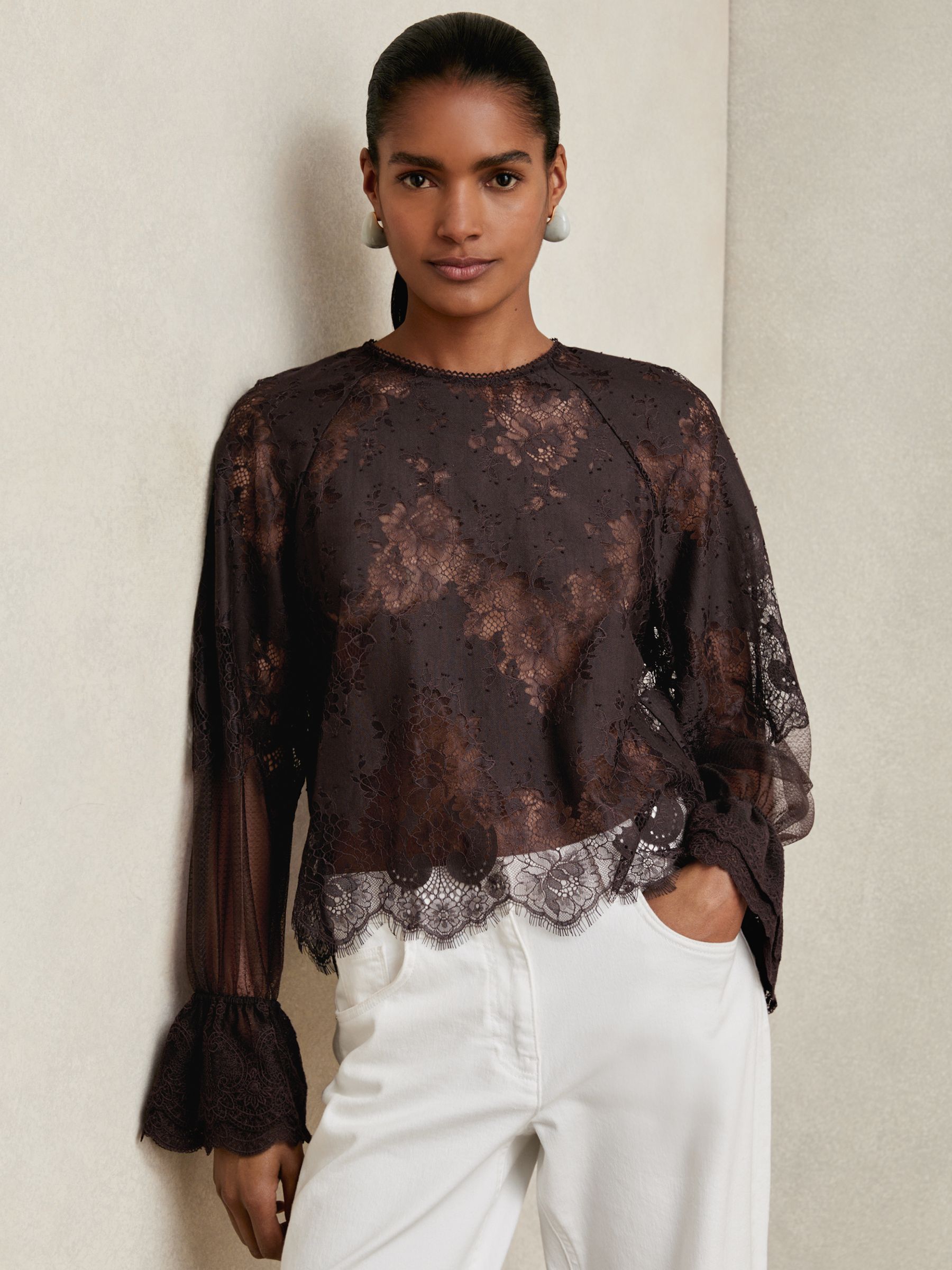 Lace Flared Cuff Blouse in Chocolate Brown