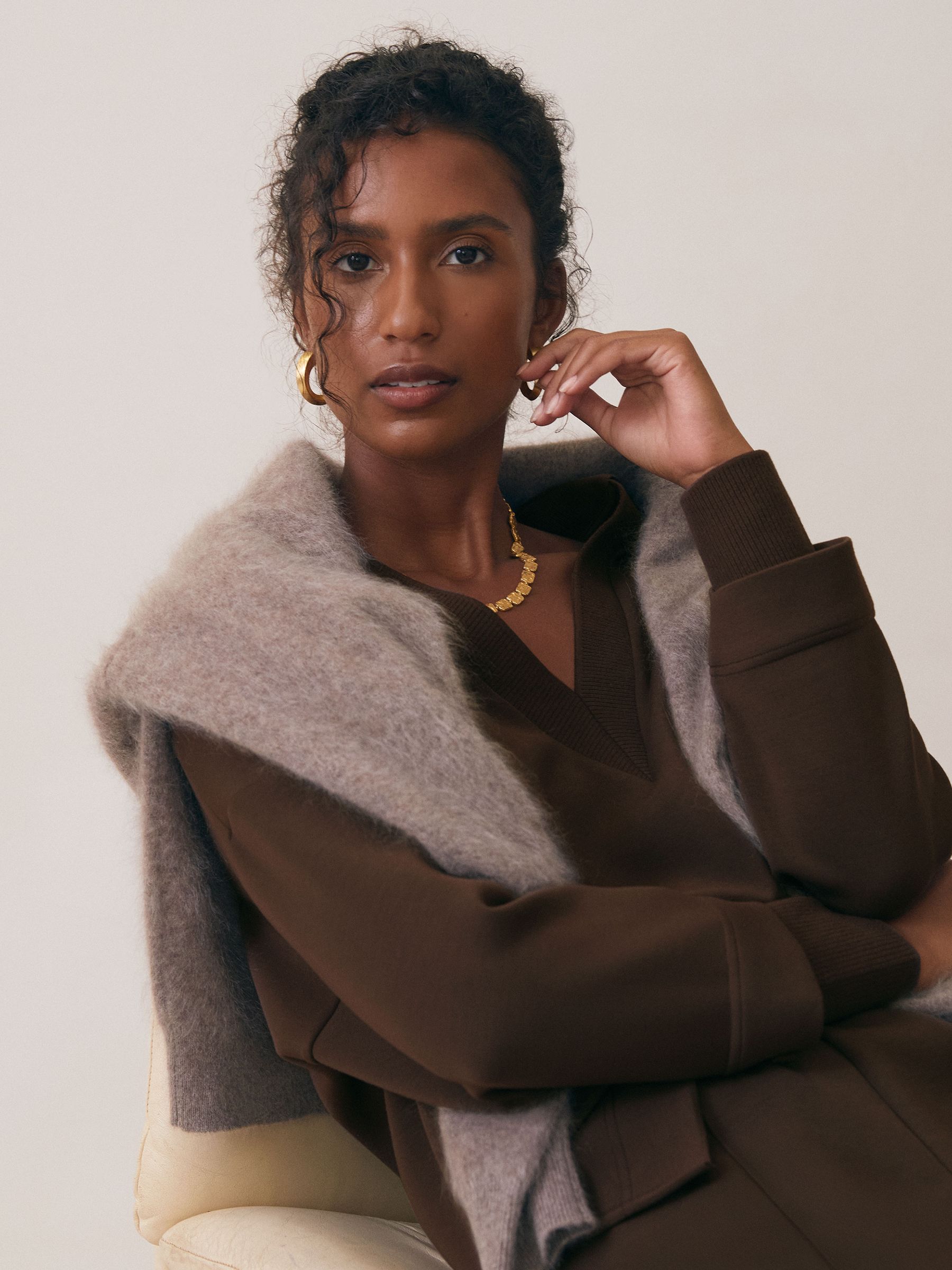 Interlock Open-Collar Sweatshirt in Chocolate