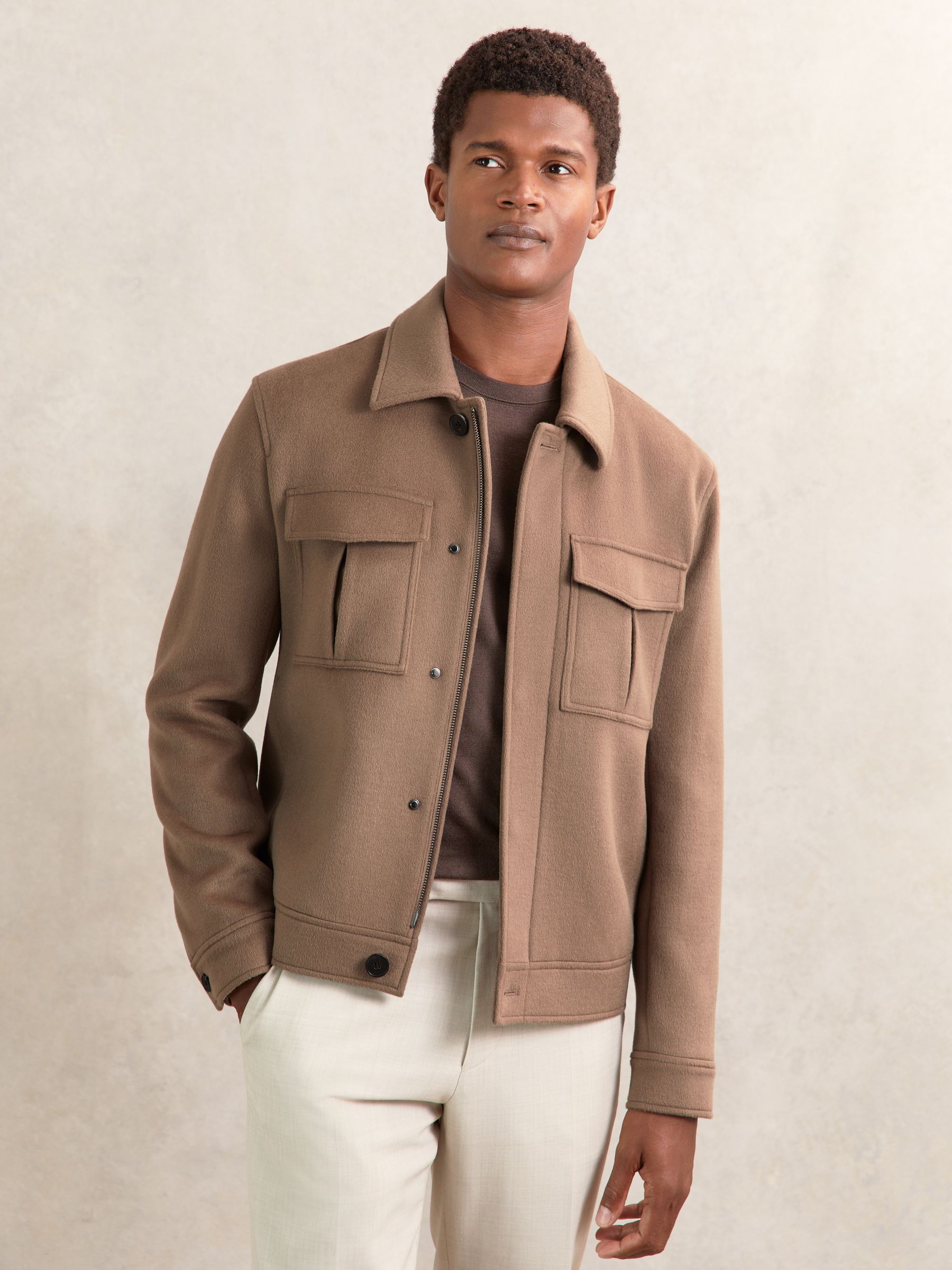 Wool Blend Twin Pocket Zipped Jacket in Dark Brown