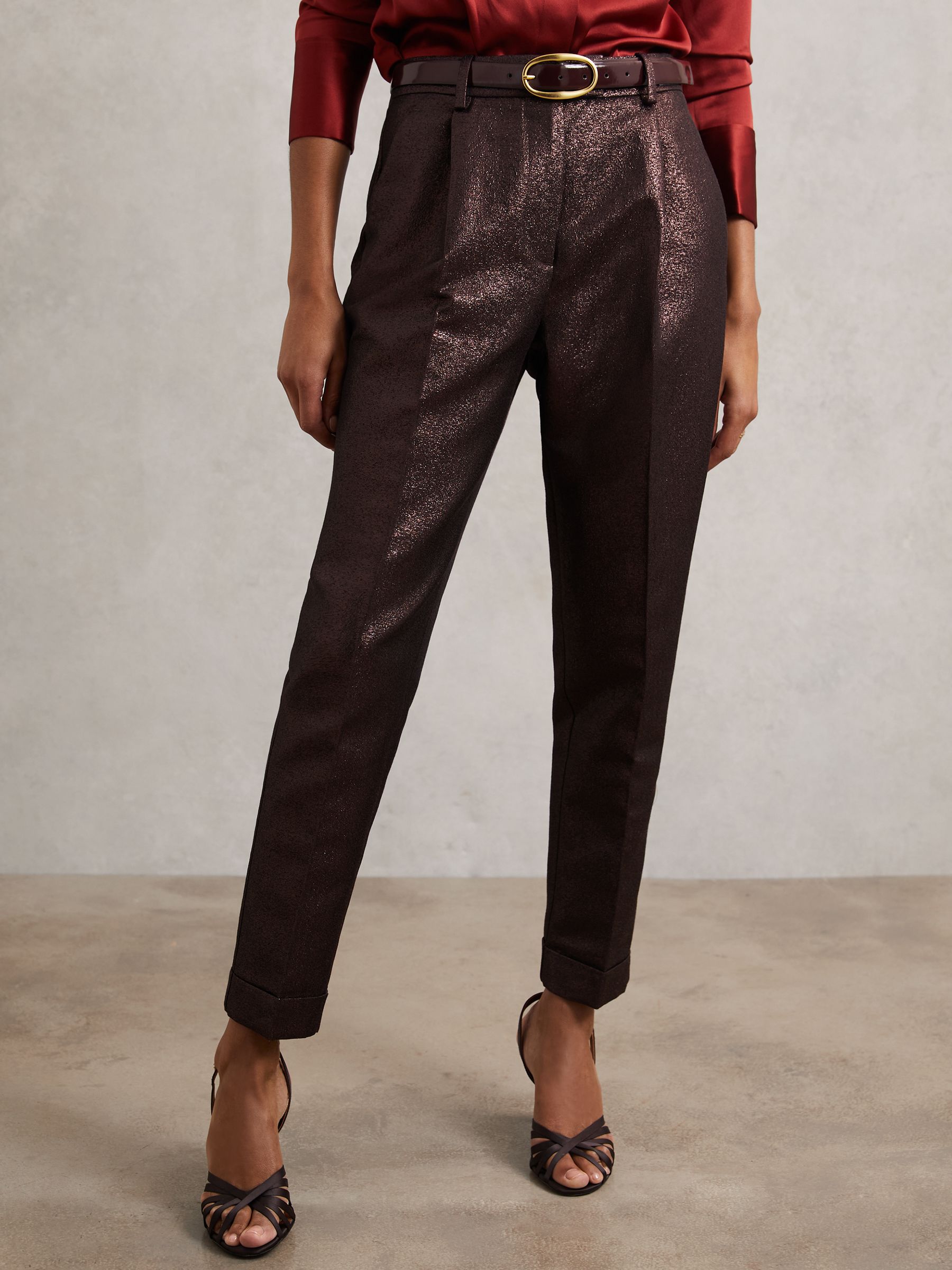 Petite Tapered Metallic Suit Trousers with Cotton in Burgundy