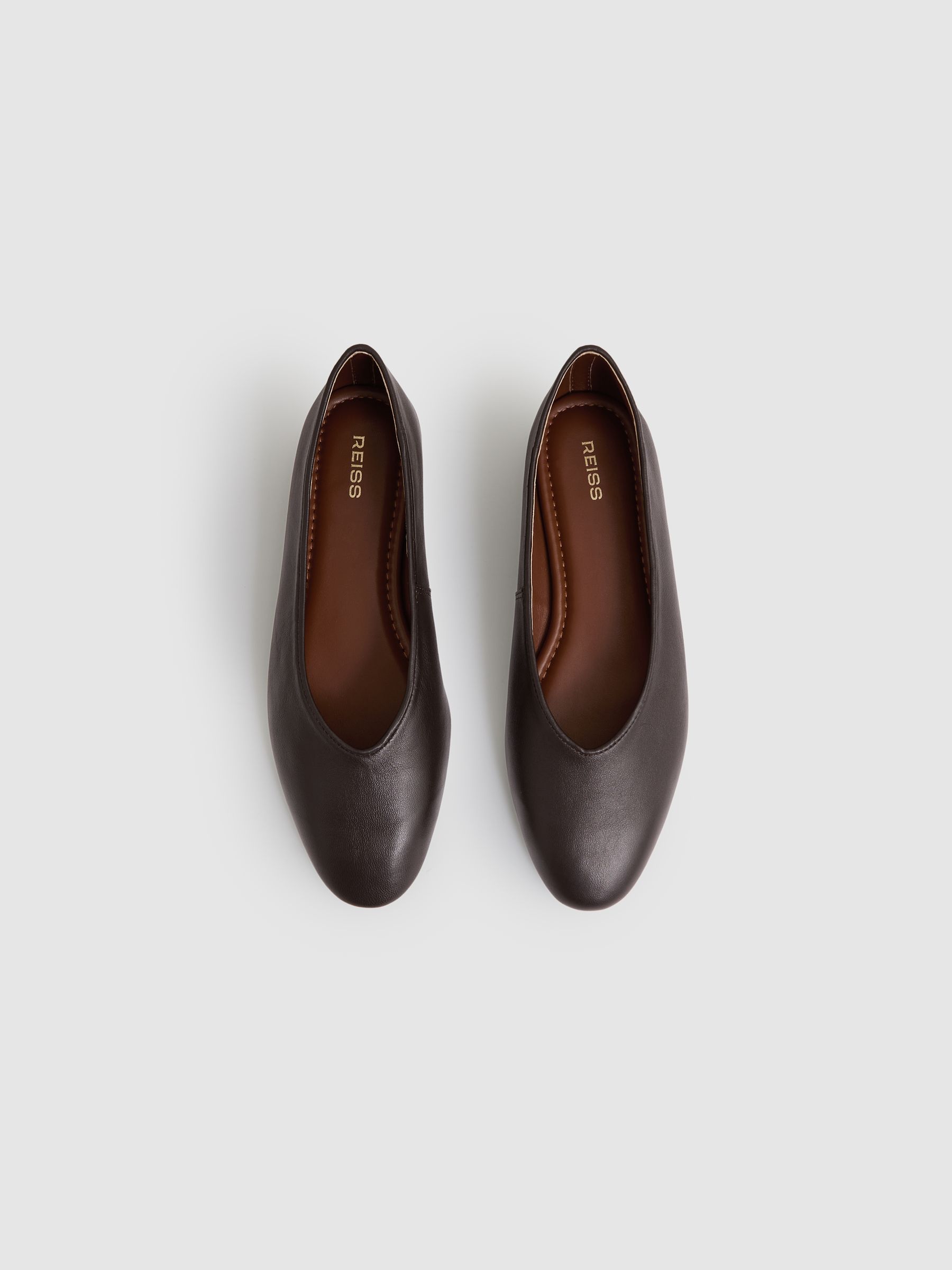 Leather Rounded-Point Toe Ballet Flats in Chocolate