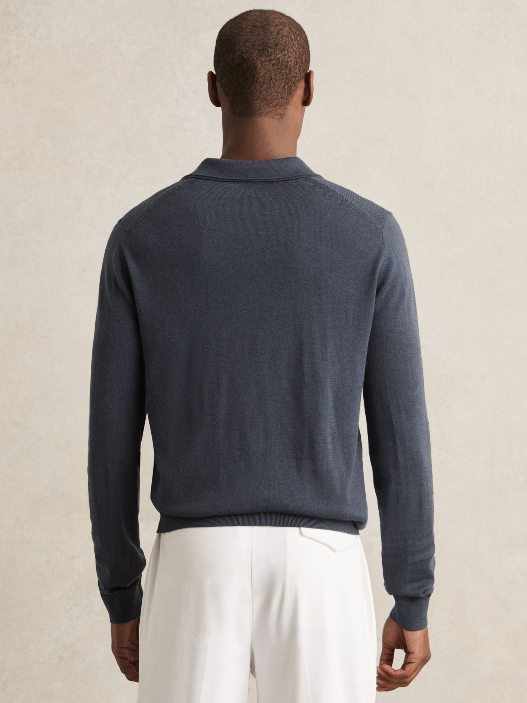 Merino Wool Open-Collar Polo Shirt in Midnight Navy