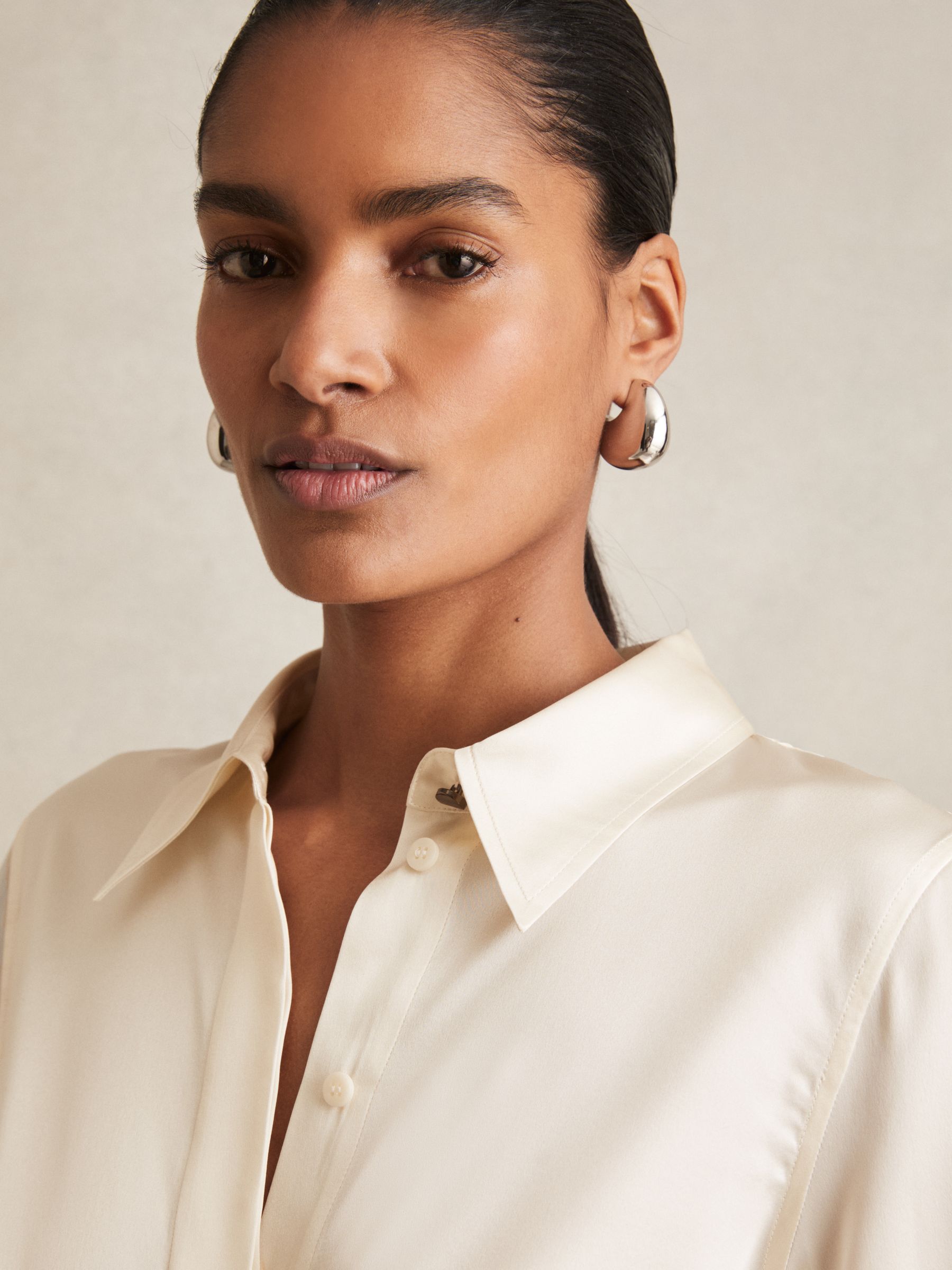 Silk-Satin Concealed-Placket Shirt in Ivory