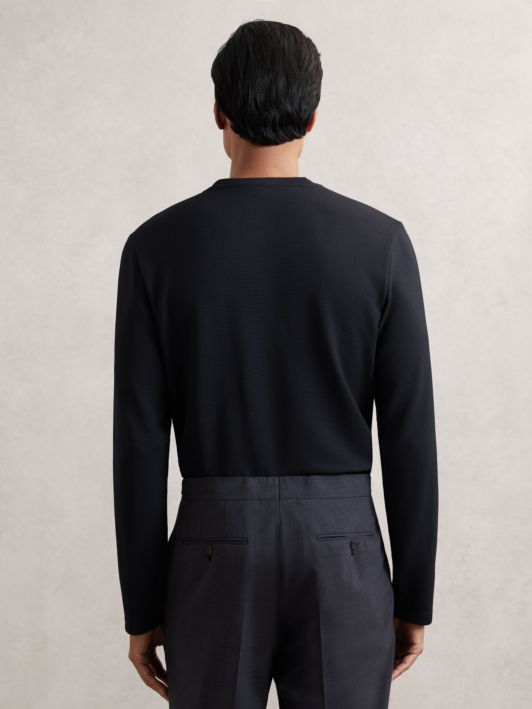 Textured Grandad-Collar Henley Shirt in Navy