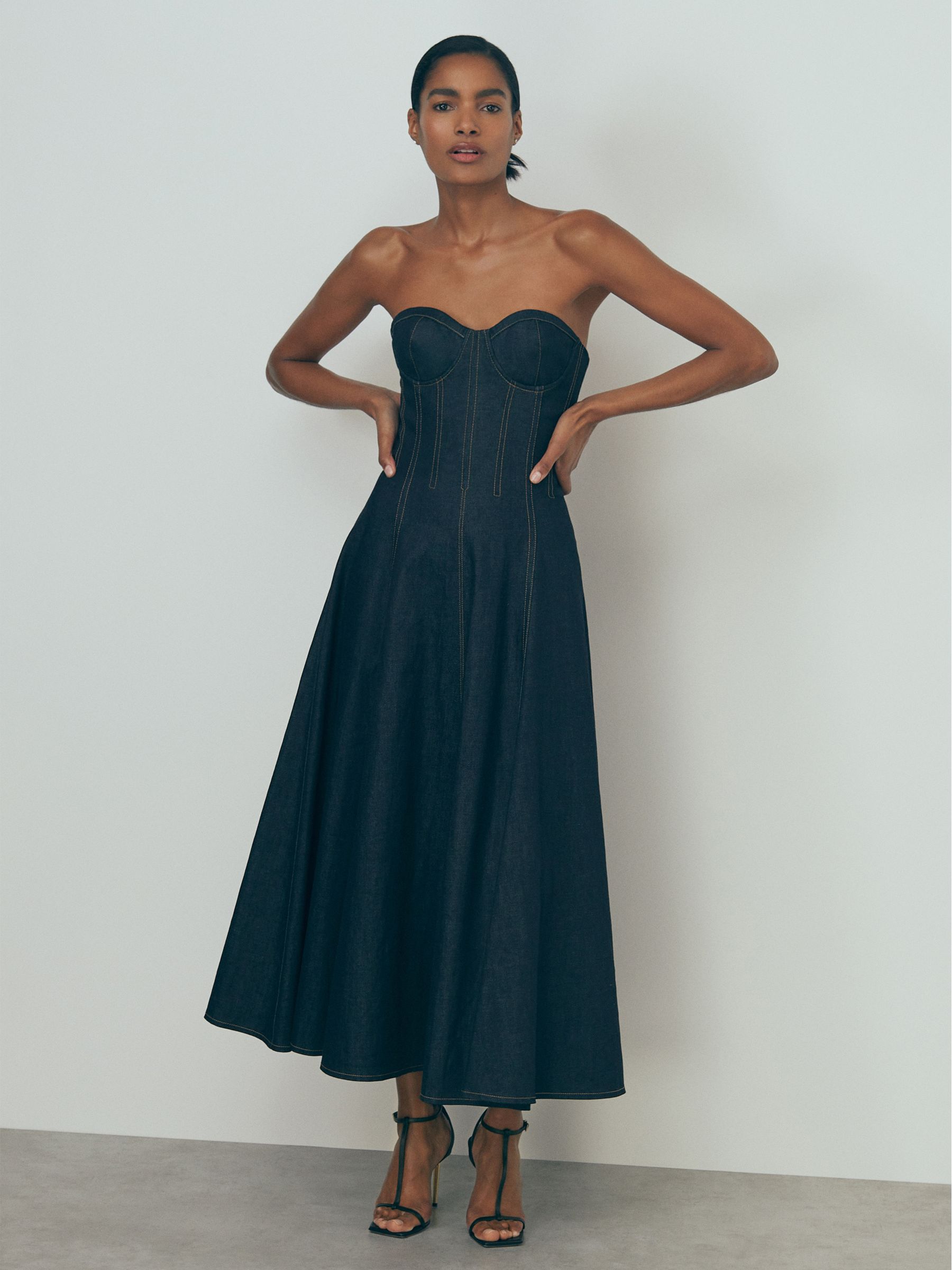 Strapless Structured Denim Midi Dress in Indigo Blue