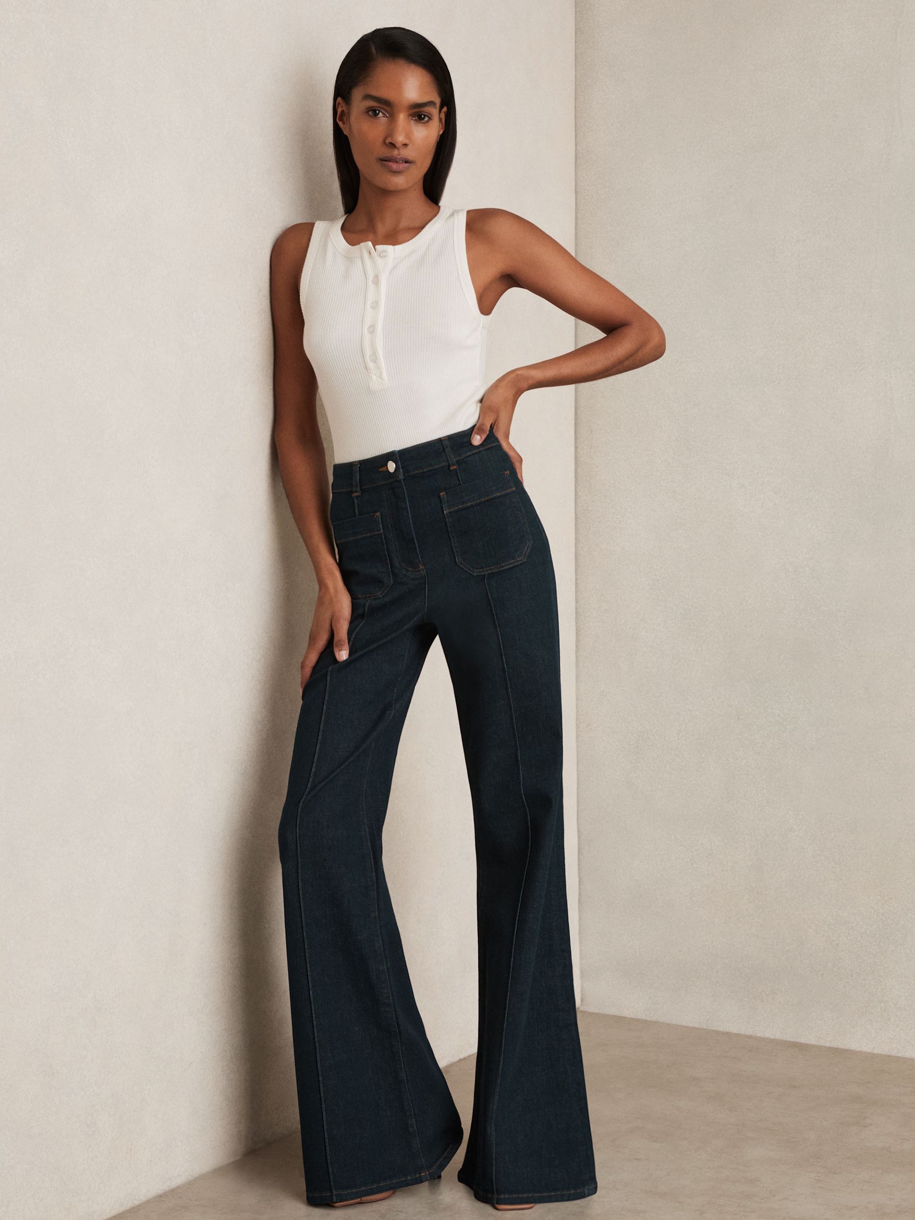 Petite Patch-Pocket Flared Jeans in Dark Blue