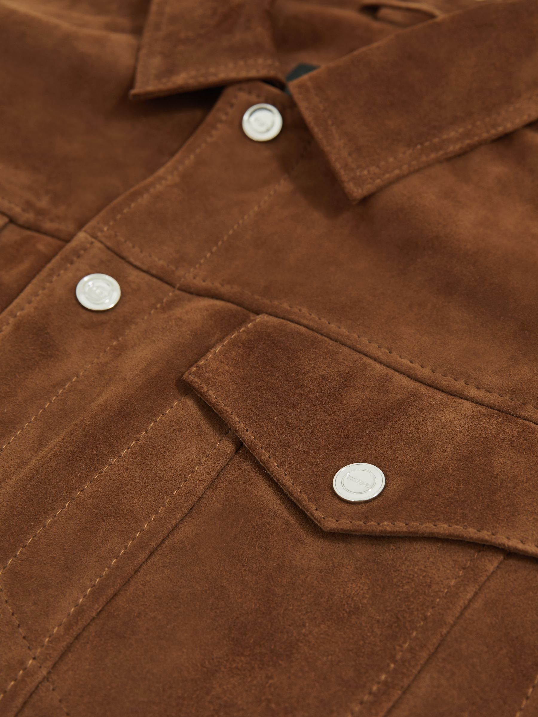 Suede Press Stud Trucker Jacket in Tobacco Brown