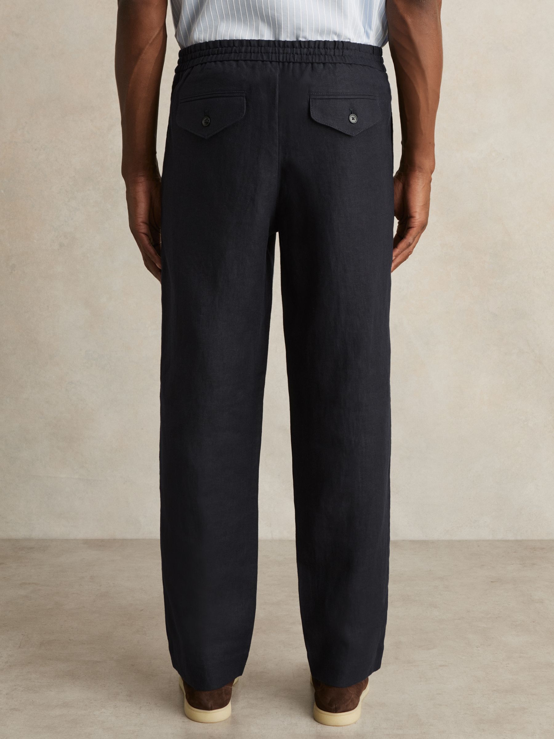 Linen Drawstring Relaxed-Fit Trousers in Navy