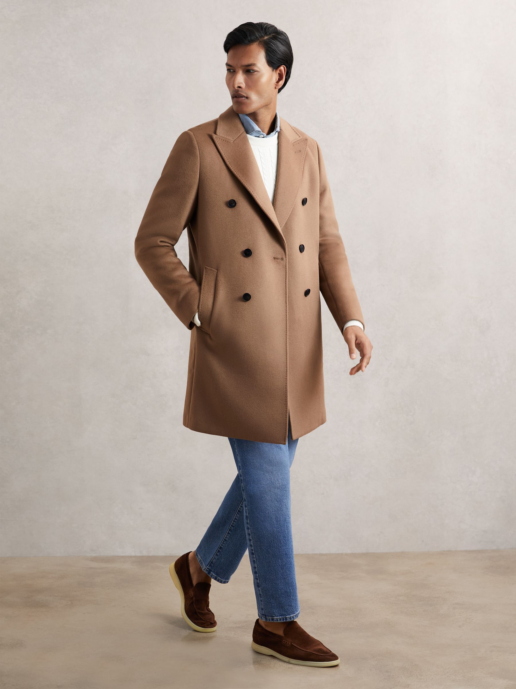 Wool-Blend Double-Breasted Overcoat in Light Brown
