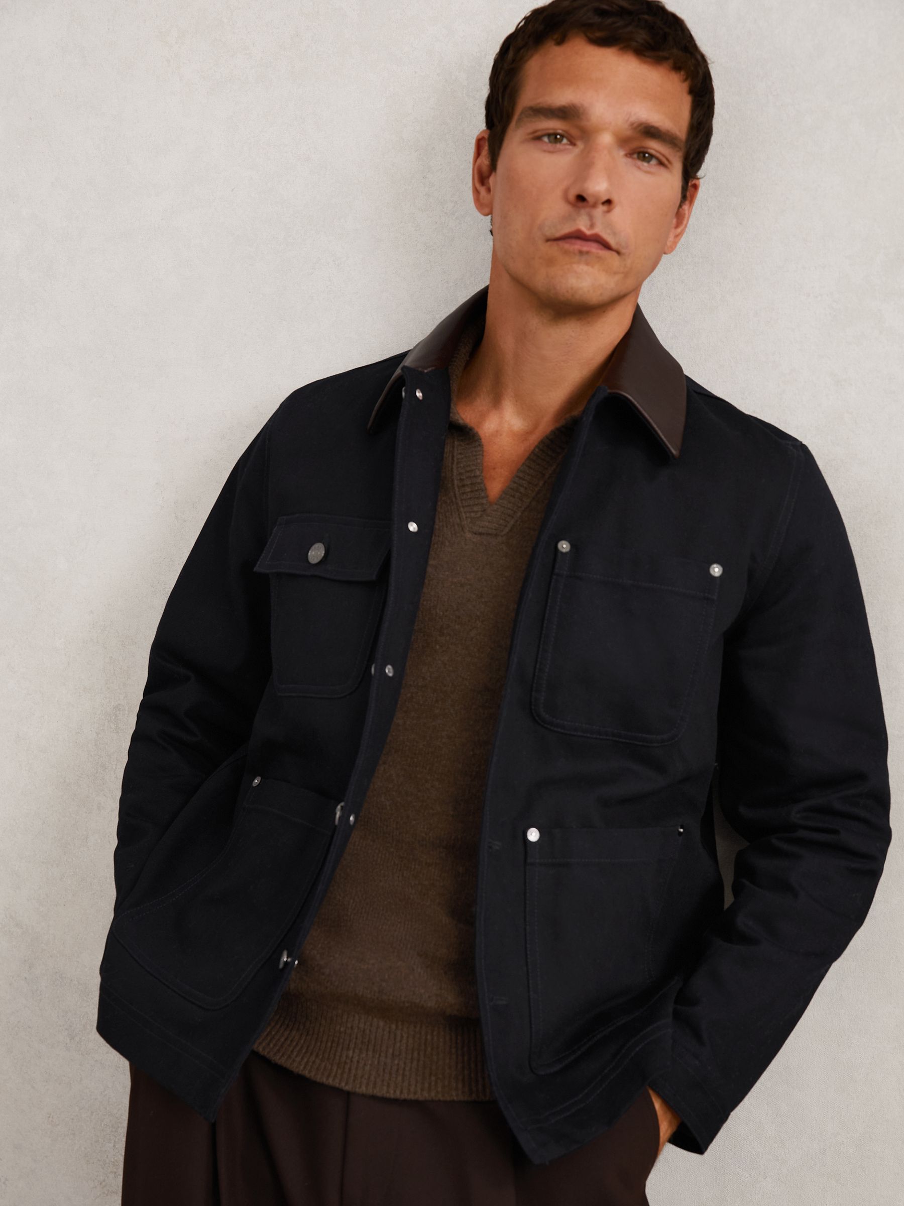 Denim Leather-Collar Worker Jacket in Indigo Blue