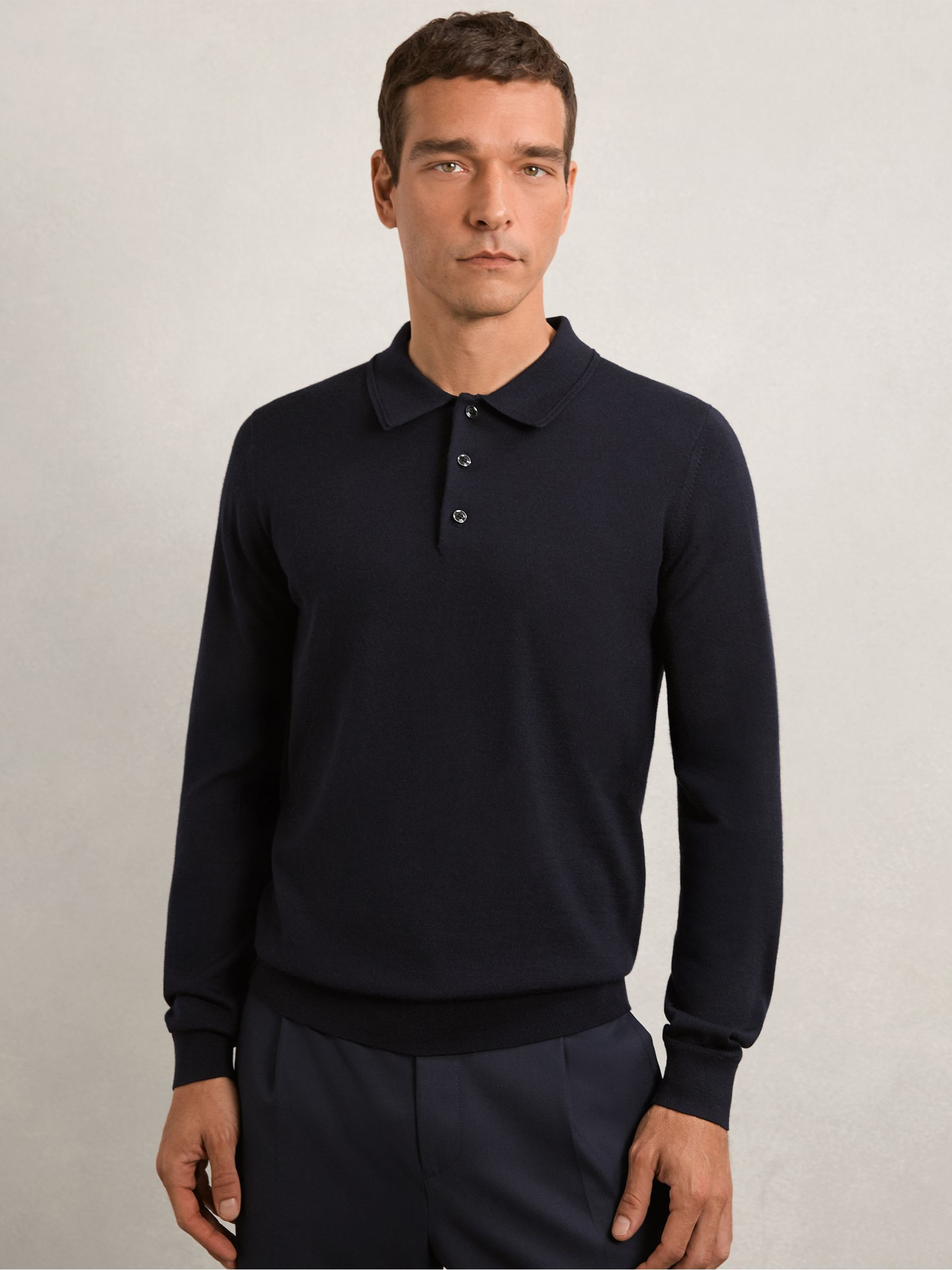 Merino Wool Long-Sleeve Polo Shirt in Beige