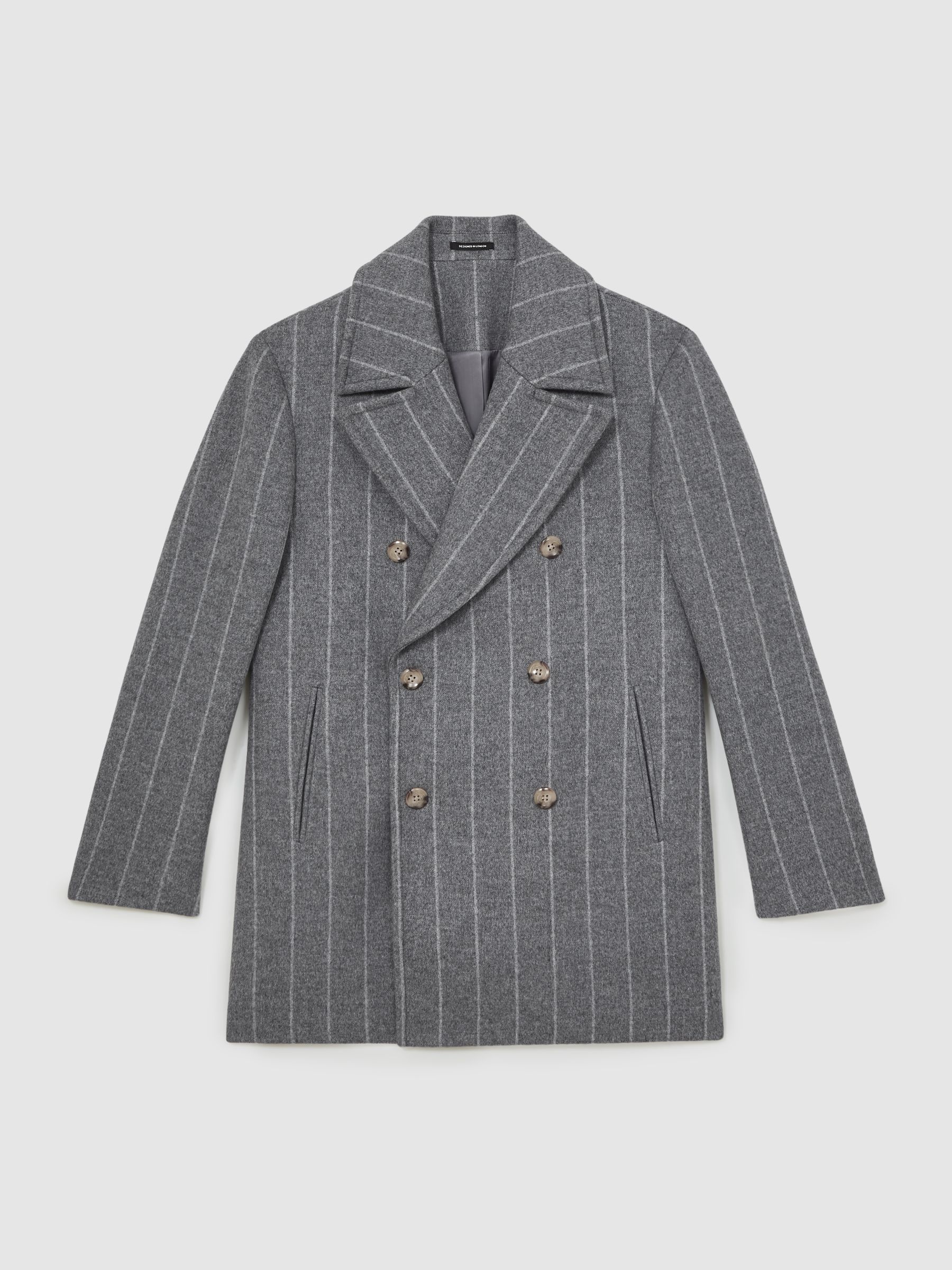 Wool-Blend Chalk-Stripe Pea Coat in Grey