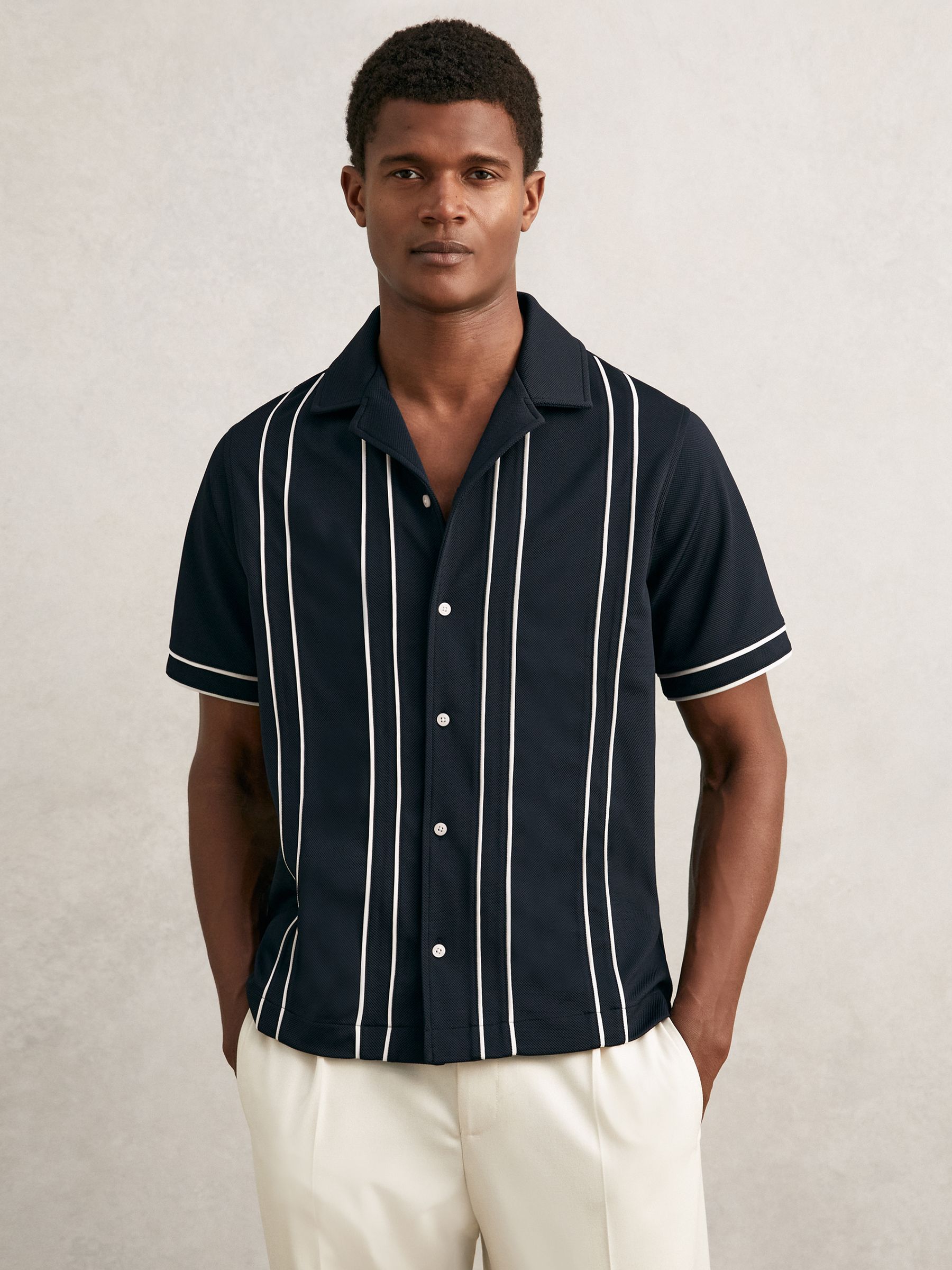 Piped-Stripe Cuban-Collar Shirt in Navy/White
