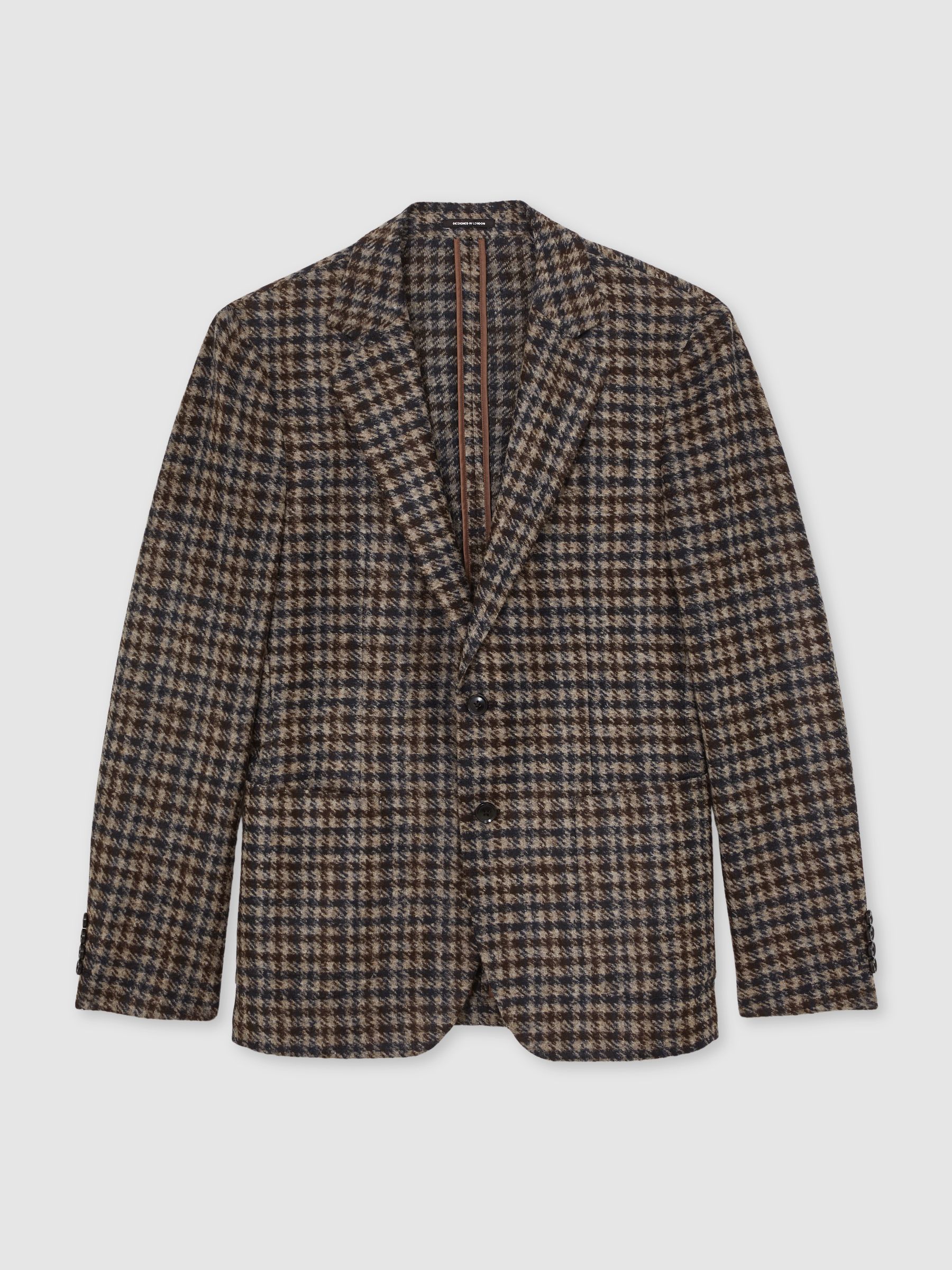 Wool-Blend Dogtooth Check Blazer in Brown
