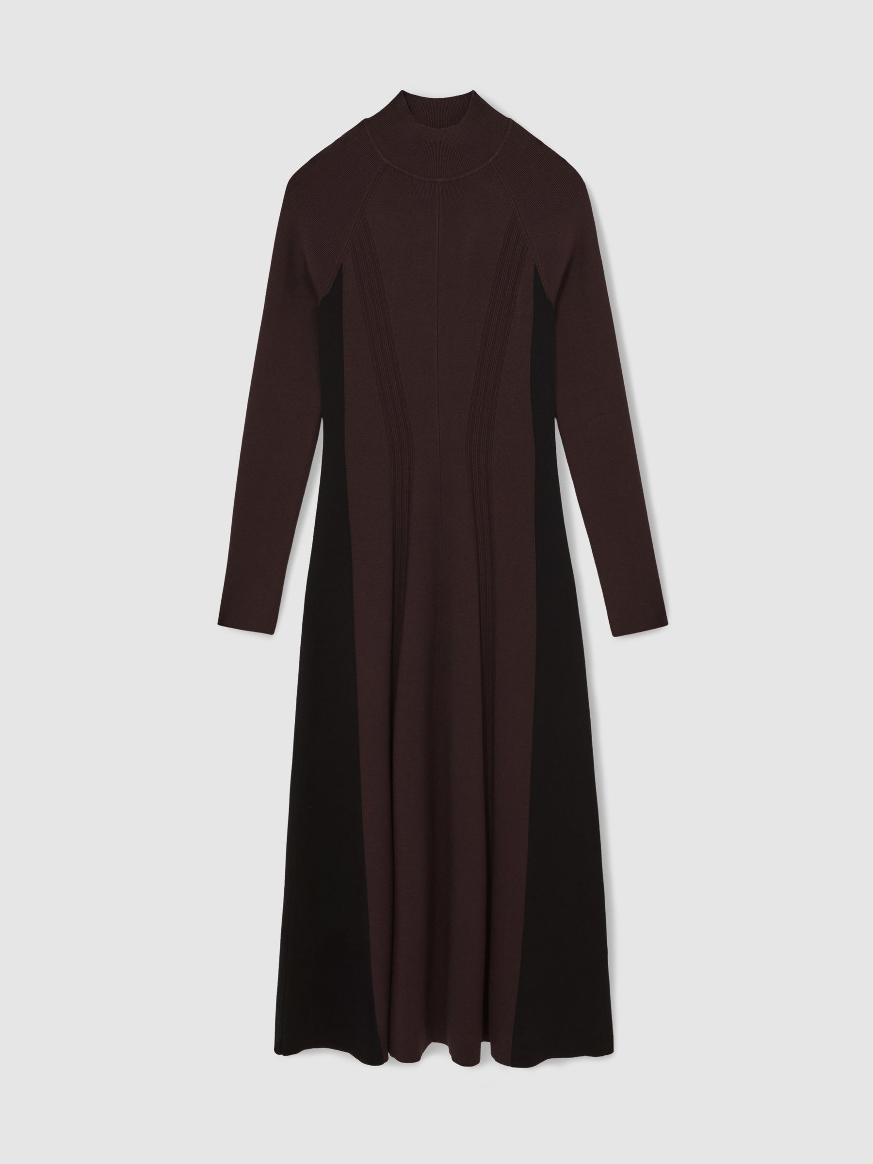 Petite Knitted Contrast-Panel Midi Dress in Plum Purple/Black