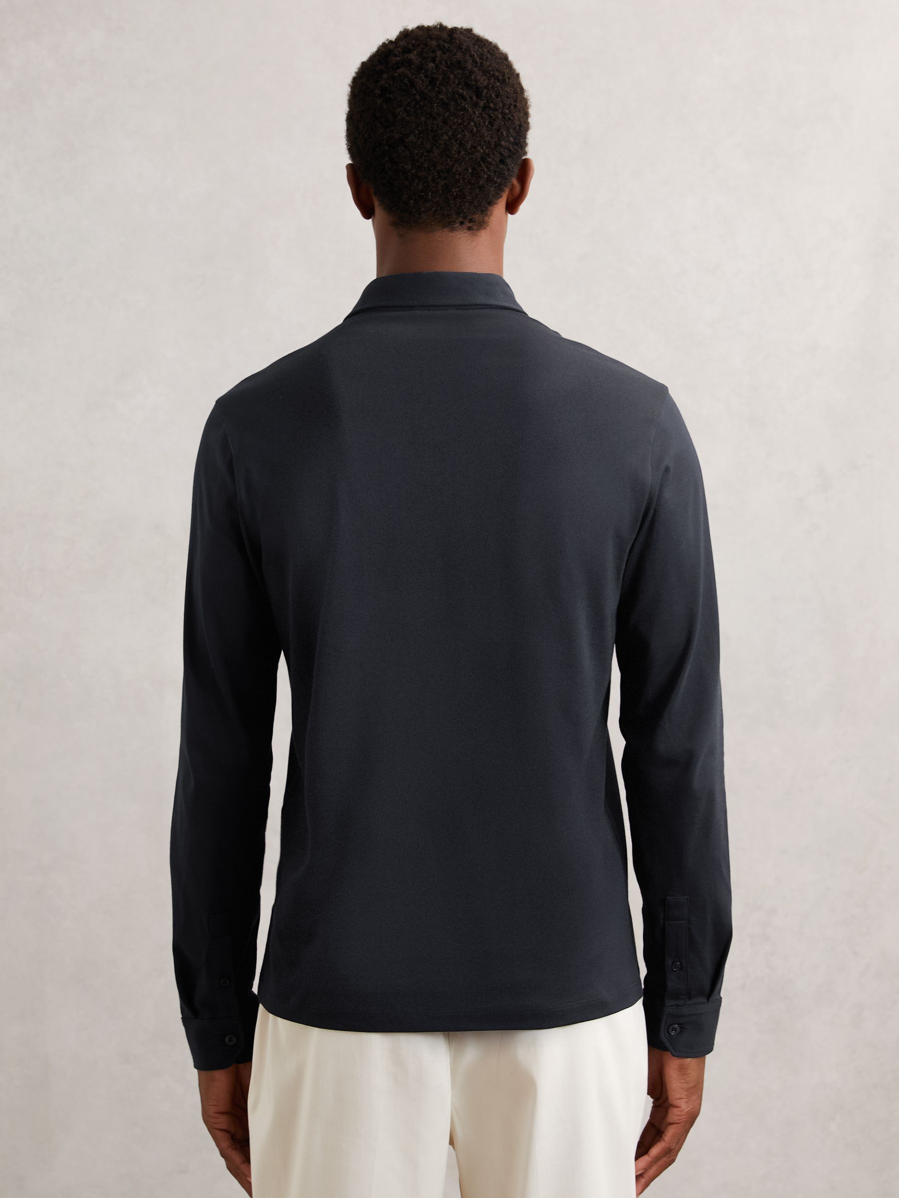 Cotton-Jersey Long Sleeve Polo Shirt in Navy