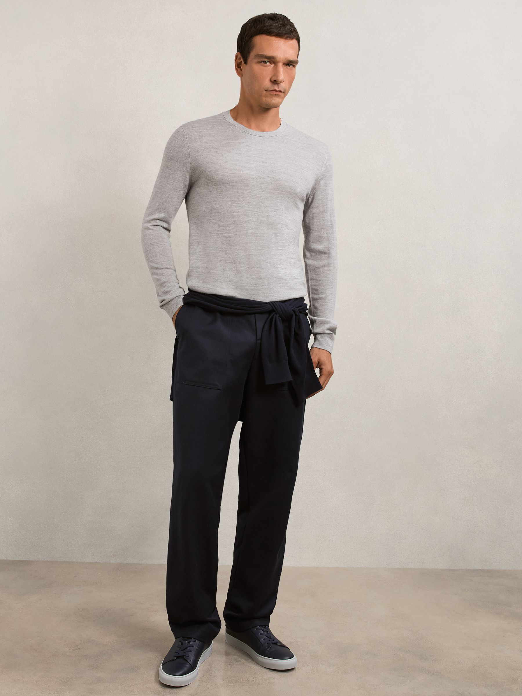 Merino Wool Crew Neck Jumper in Soft Grey Mouline