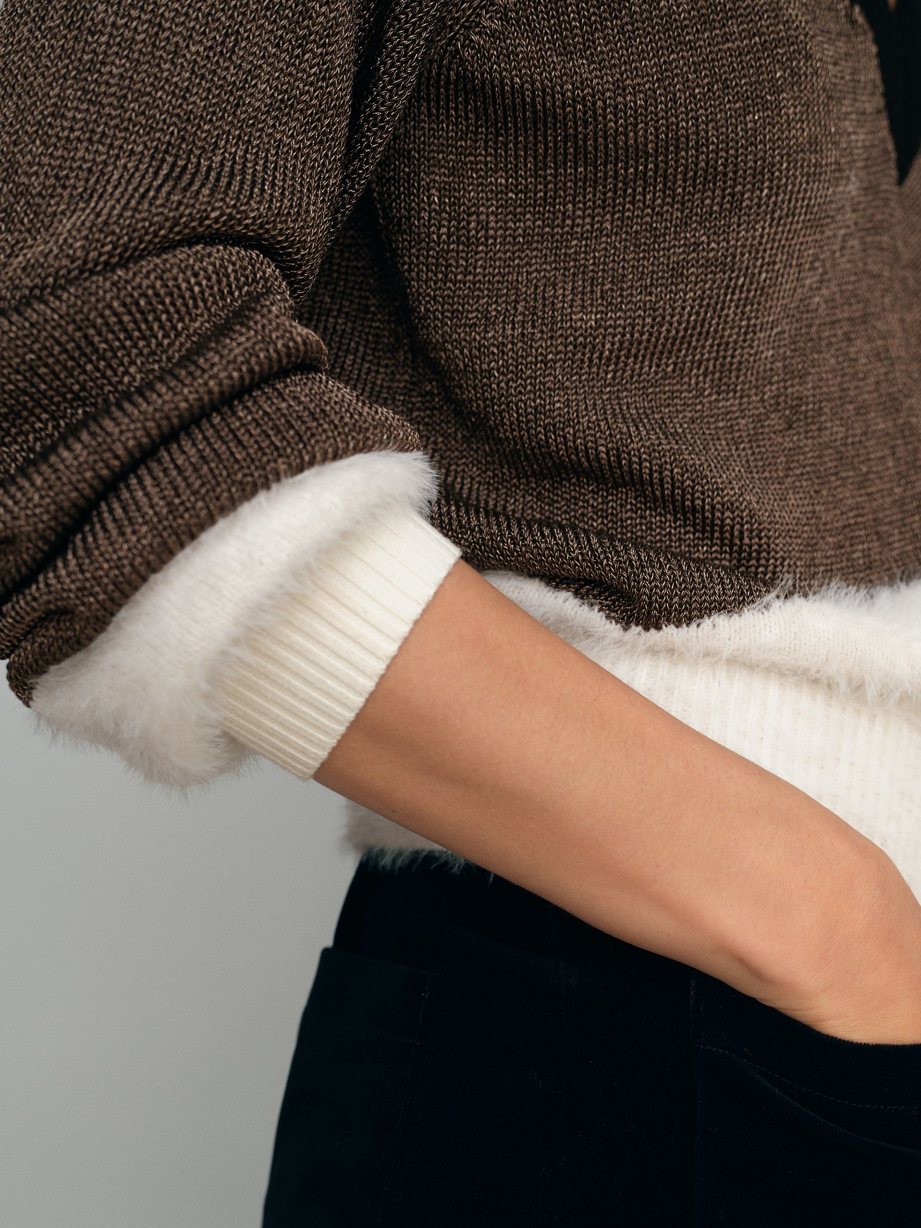 Metallic-Knit Panelled V-Neck Jumper in Black/White/Metallic