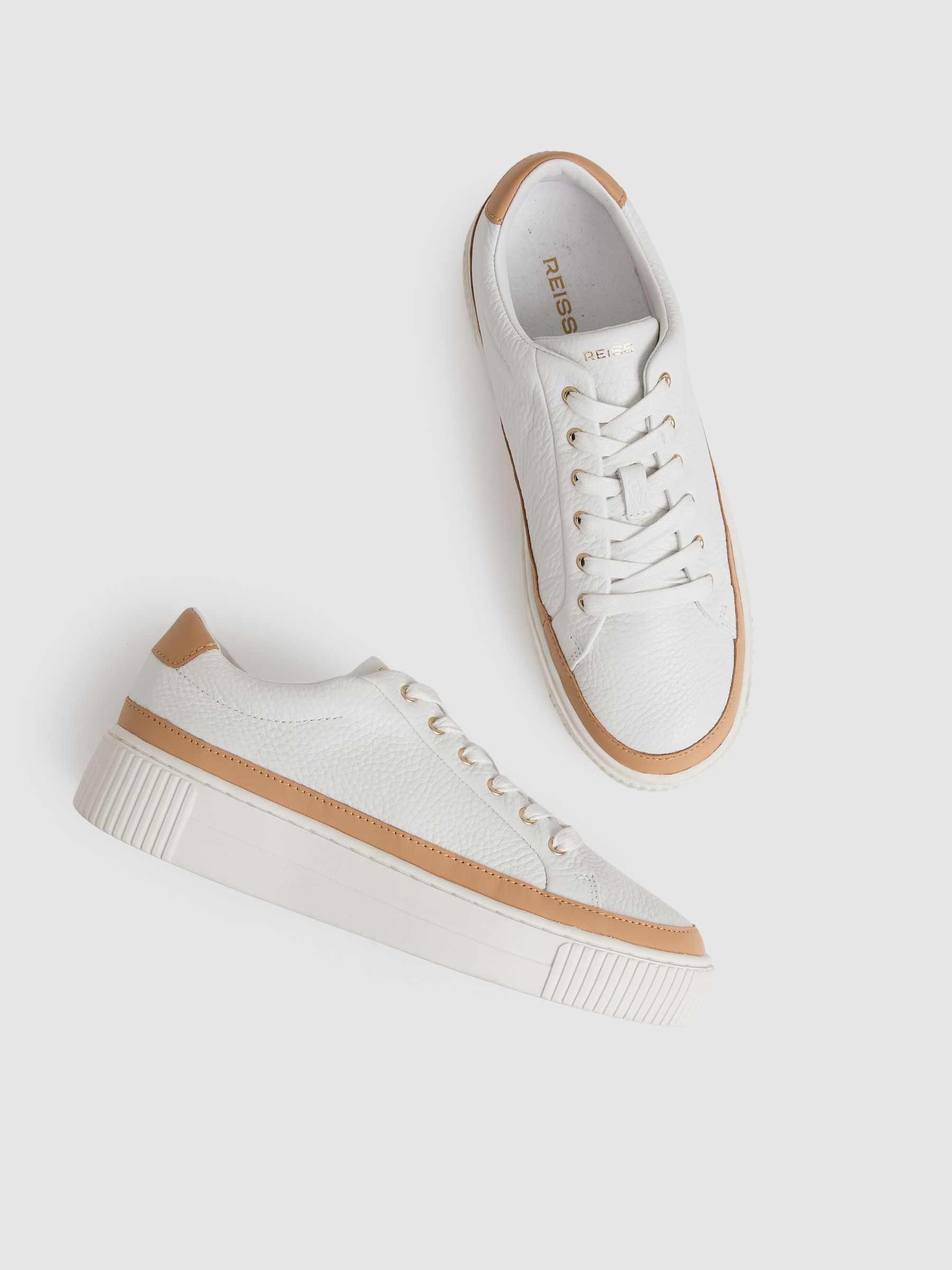 Grained Leather Platform Trainers in Camel/White