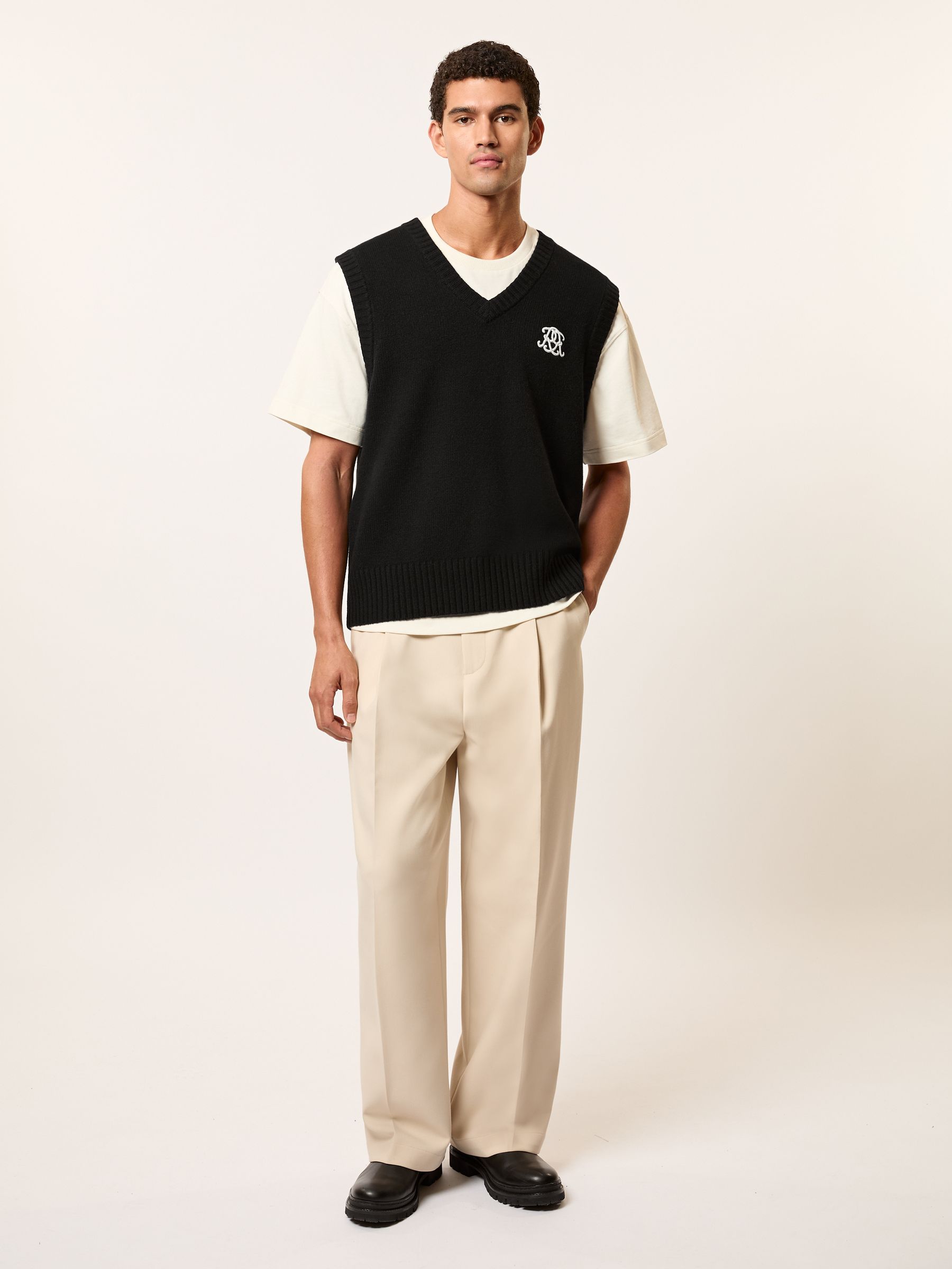 Monogram Embroidered Relaxed Wool Vest in Black