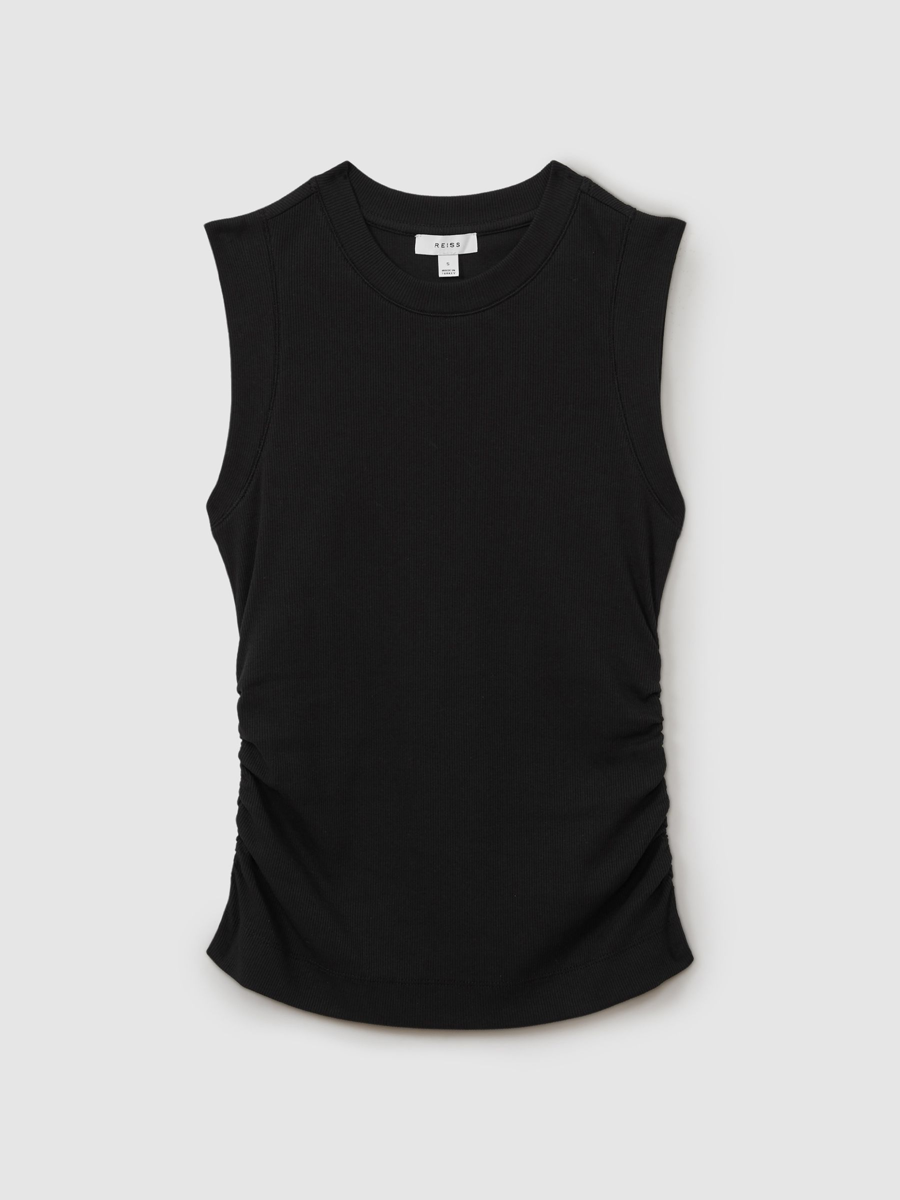 Fine-Rib Ruched Vest Top in Black